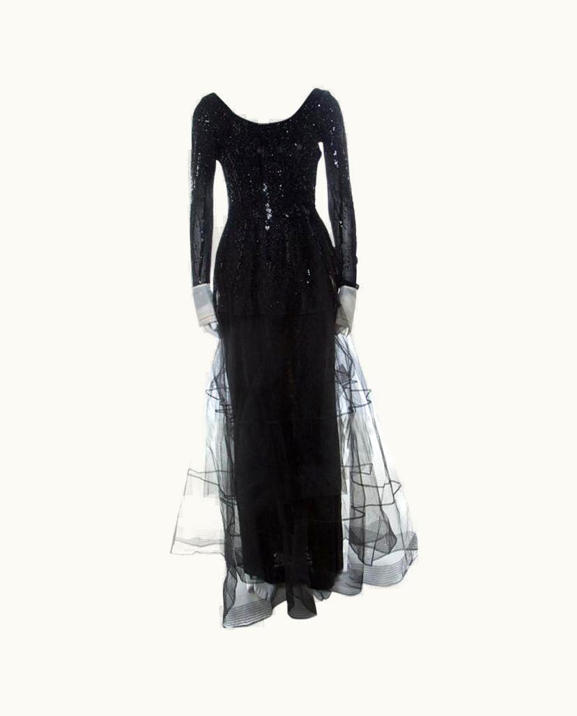 Dior Dior Vintage Black Embellished Tulle Contrast Cuff Detail Scoop Back Gown