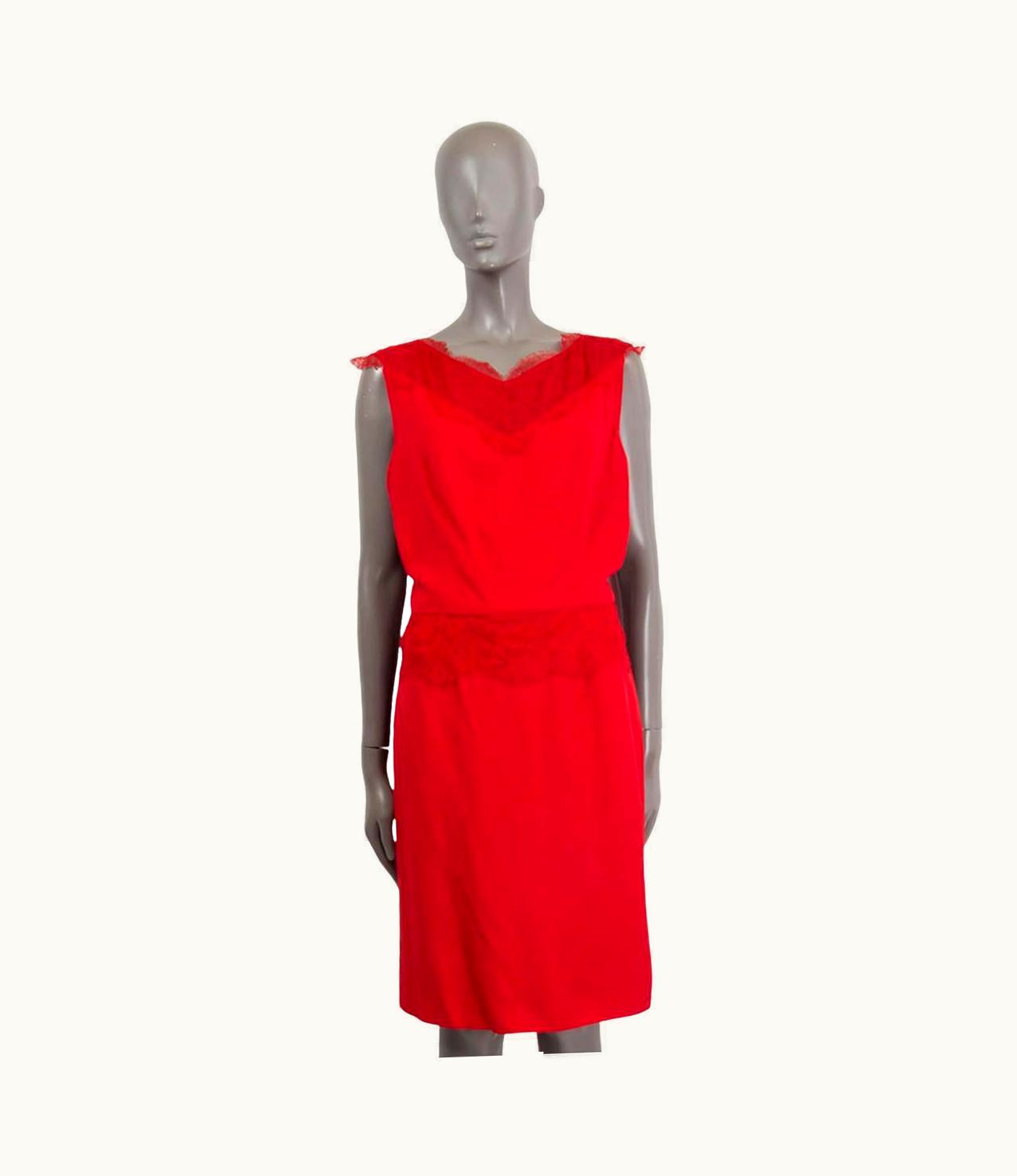 Dior Christian Dior Red Acetate Lace Trim Cocktail Dress