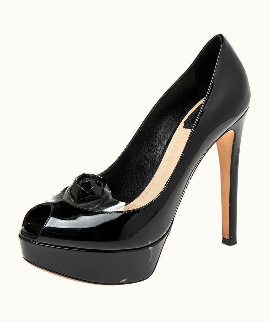 Dior Christian Dior Black Patent Leather And Pvc Peep Toe Platform Pumps