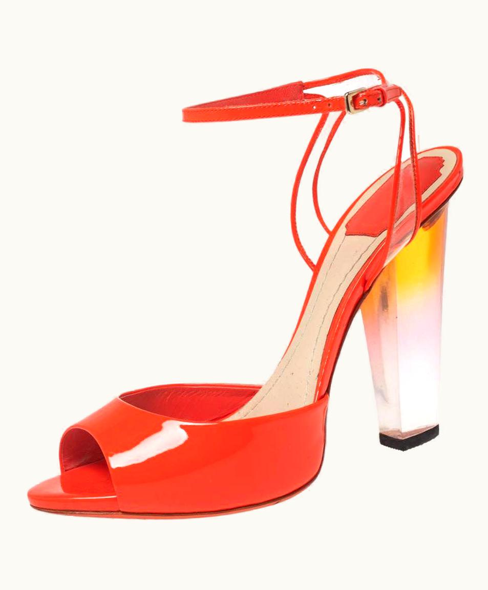 Dior Dior Orange Patent Leather And Pvc Clear Block Heels Ankle-Strap Sandals