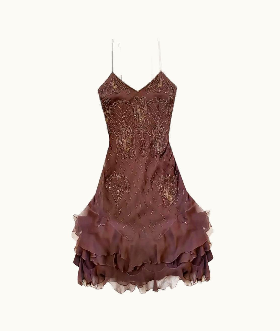 Dior Vintage Christian Dior By John Galliano Brown Silk Beaded Lace Mini Dress It