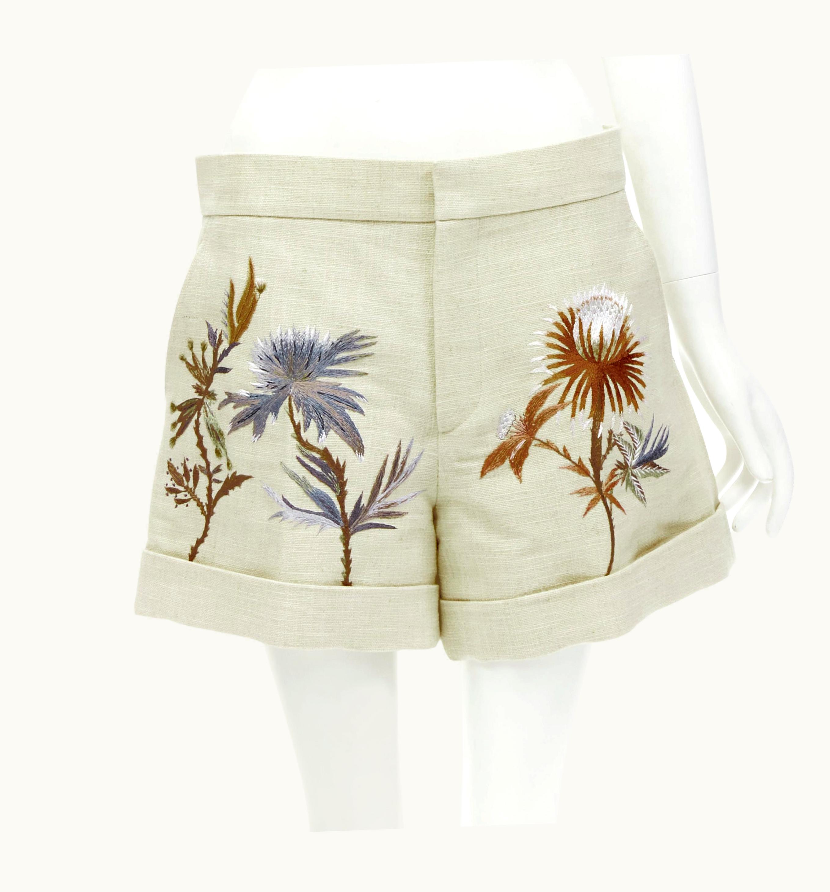Dior Christian Dior Beige Cotton Linen Dandelion Floral Embroidery Cuffed Shorts