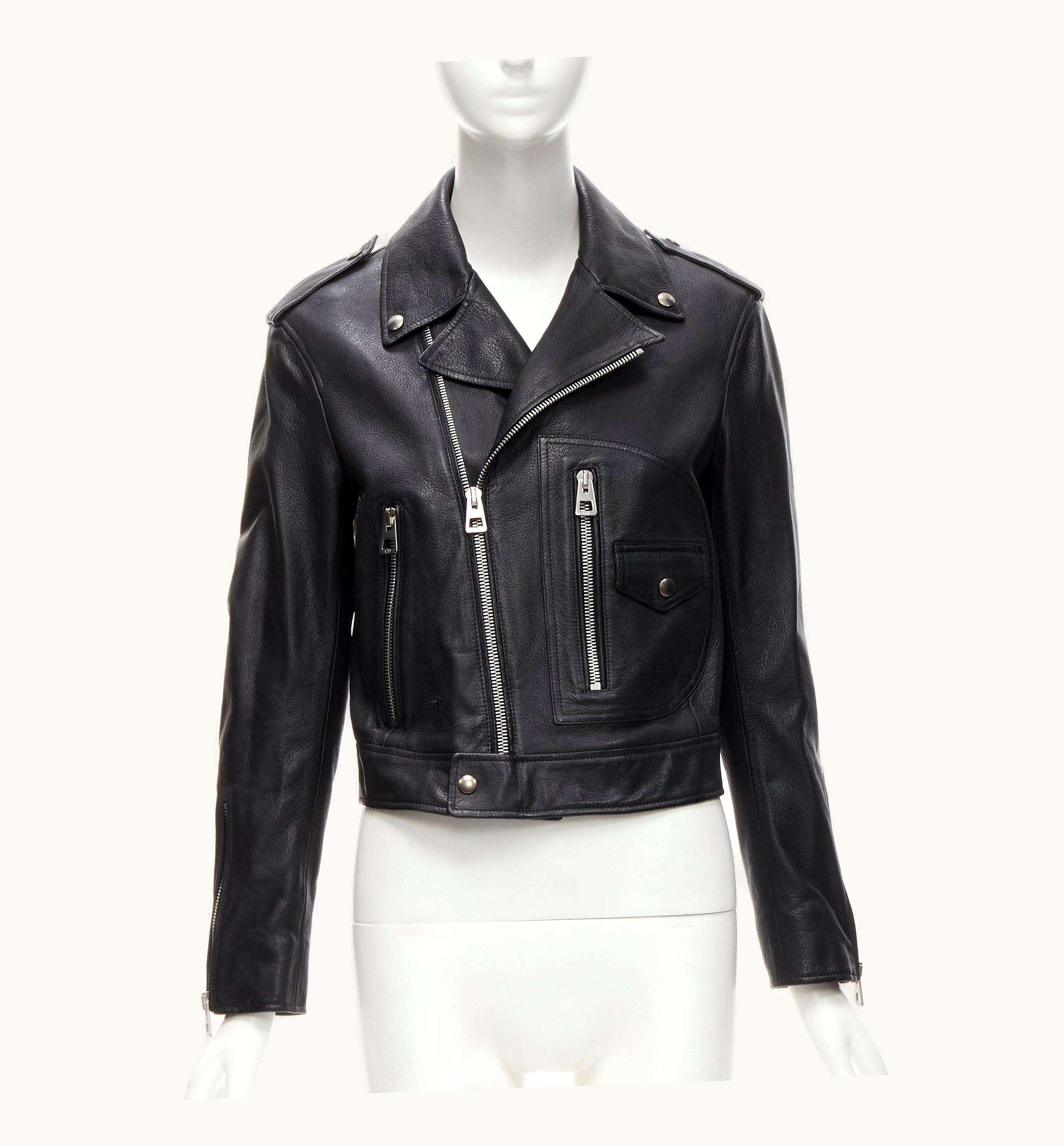 Dior Christian Dior Black Goatskin Leather Bead Embroidery Back Biker Jacket
