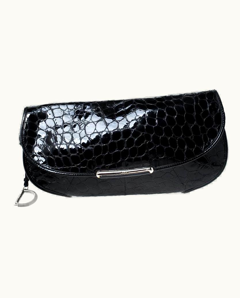 Dior Dior Black Croc Patent Leather Oversized Wristlet Clutch