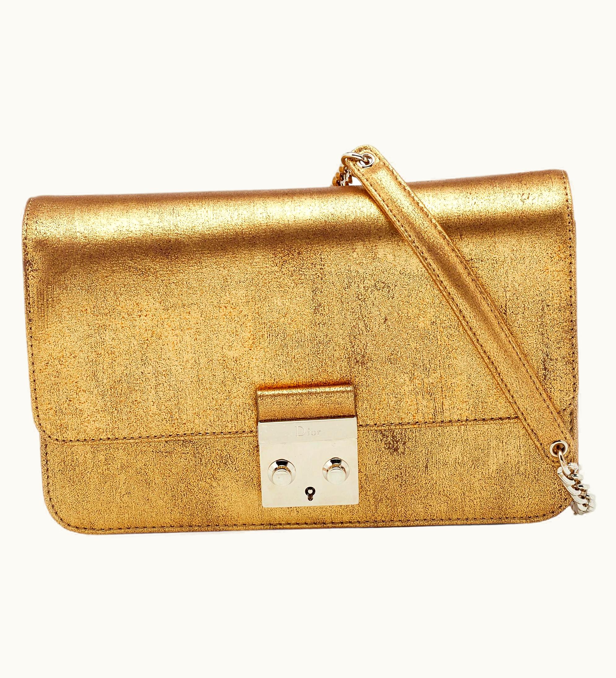 Dior Dior Metallic Gold Crinkled Leather Miss Flap Shoulder Bag