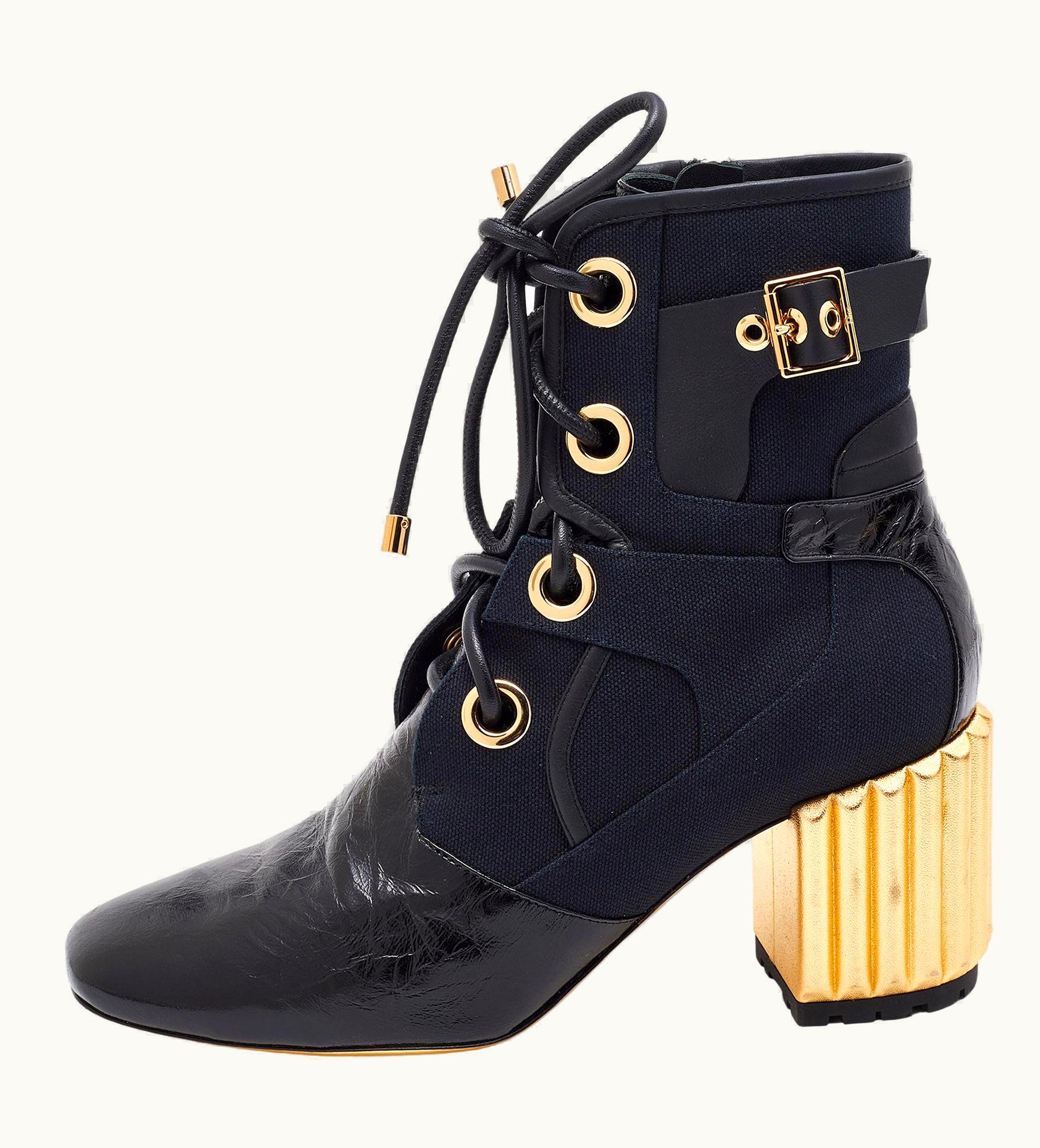 Dior Dior Navy Canvas And Leather Glorious Lace Up Ankle Length Boots