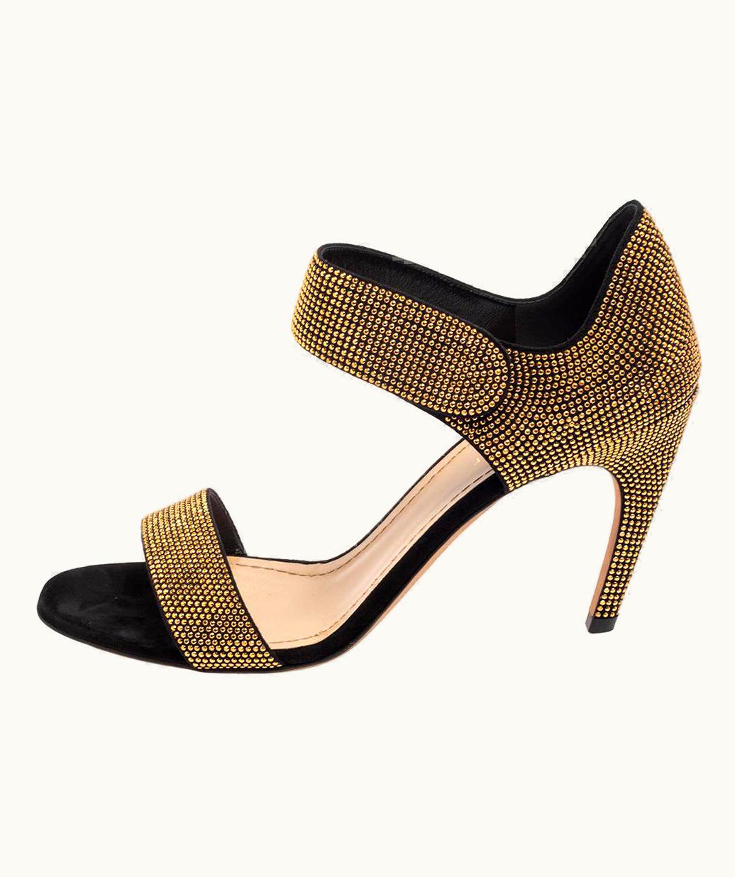 Dior Dior Black/Gold Studded Suede Open Toe Ankle Strap Sandals