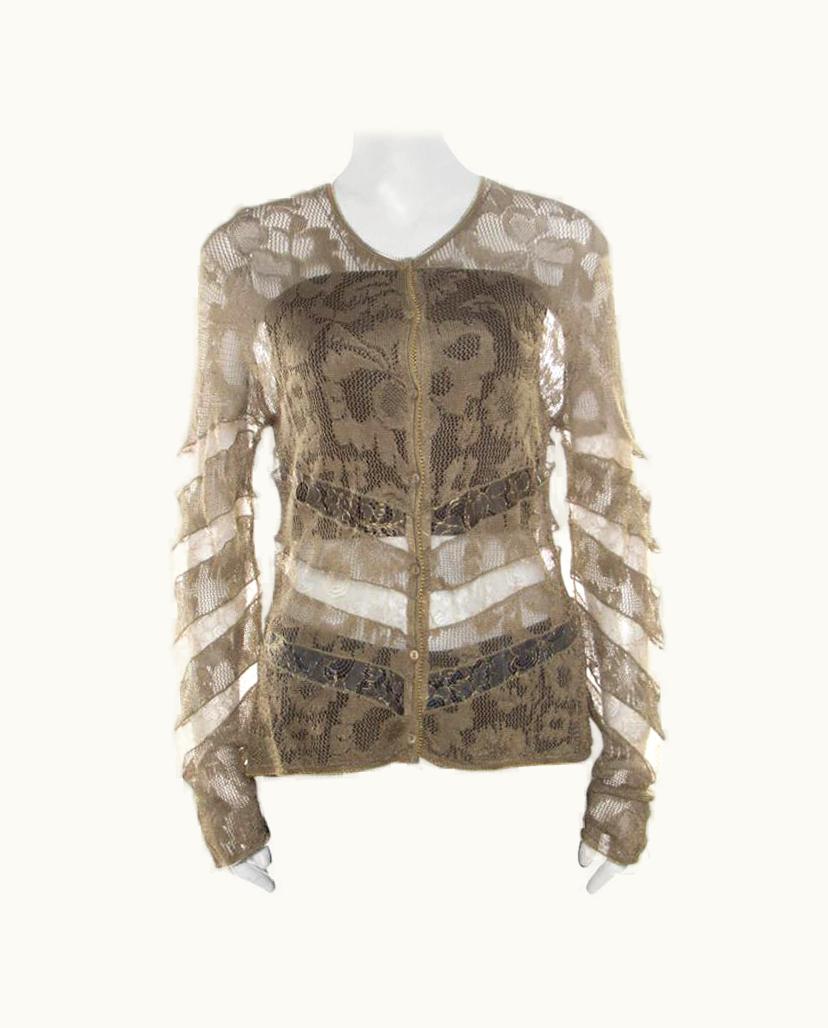 Dior Dior Boutique Lace Olive Green Perforated Knit Lace Insert Buttoned Cardigan