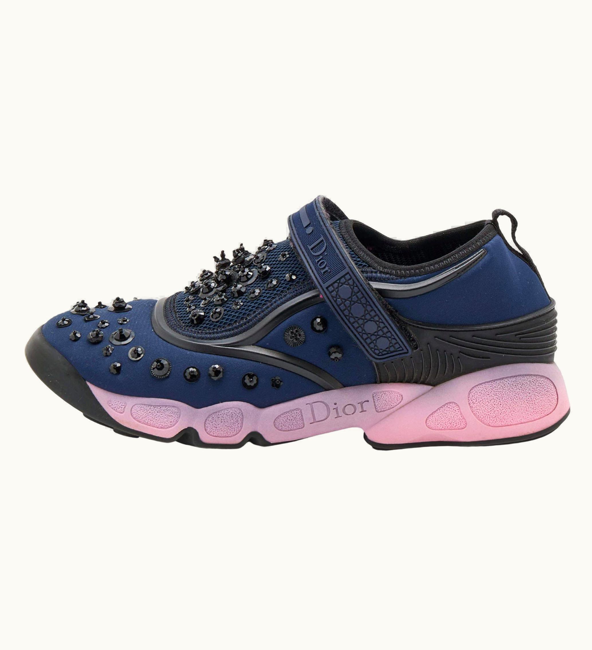 Dior Dior Navy Blue/Black Fabric And Mesh Fusion Embellished Low Top Sneakers