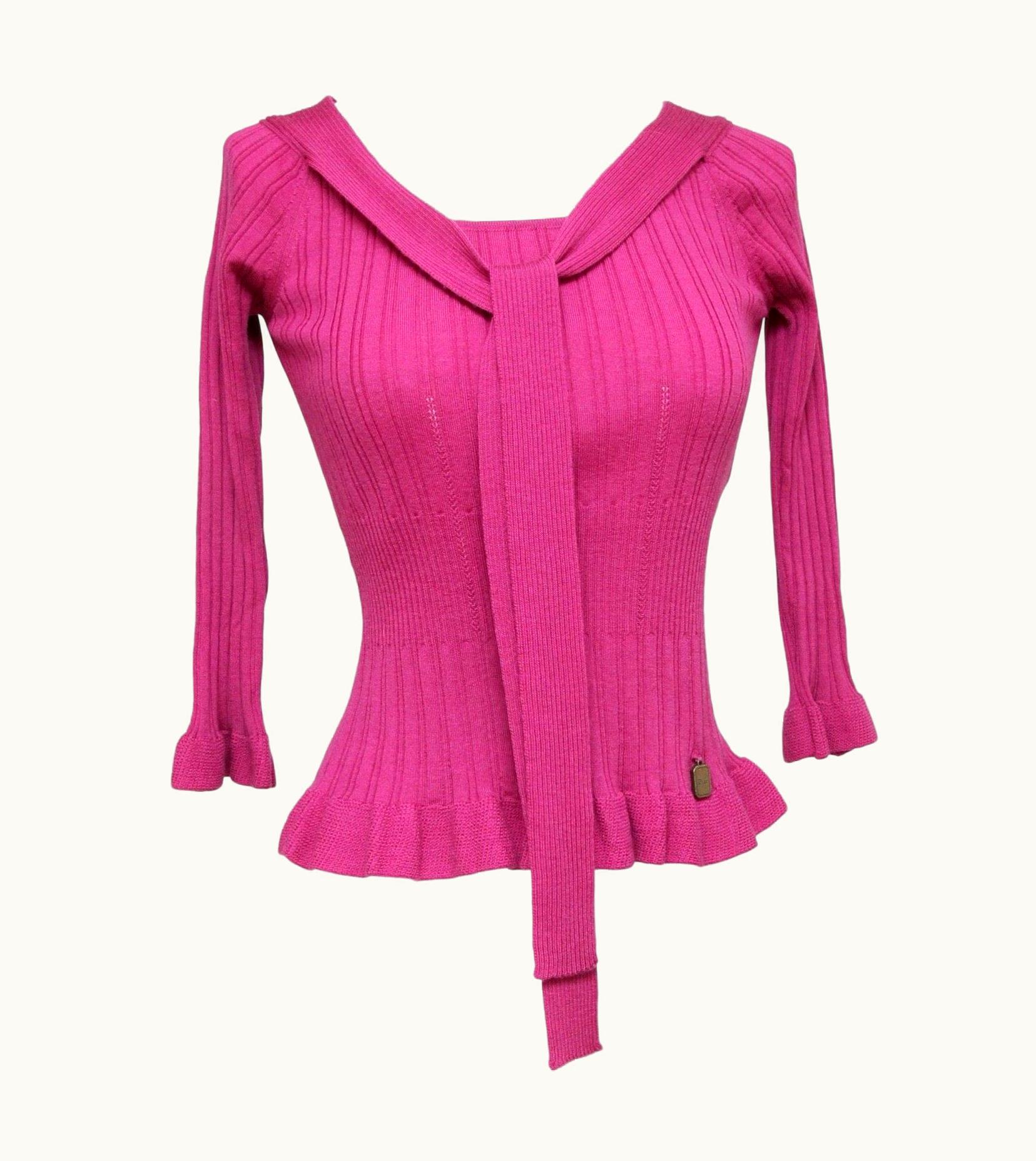 Dior Christian Dior Sweater Knit Top Magenta Scoop Neck Tie 3/4 Sleeve