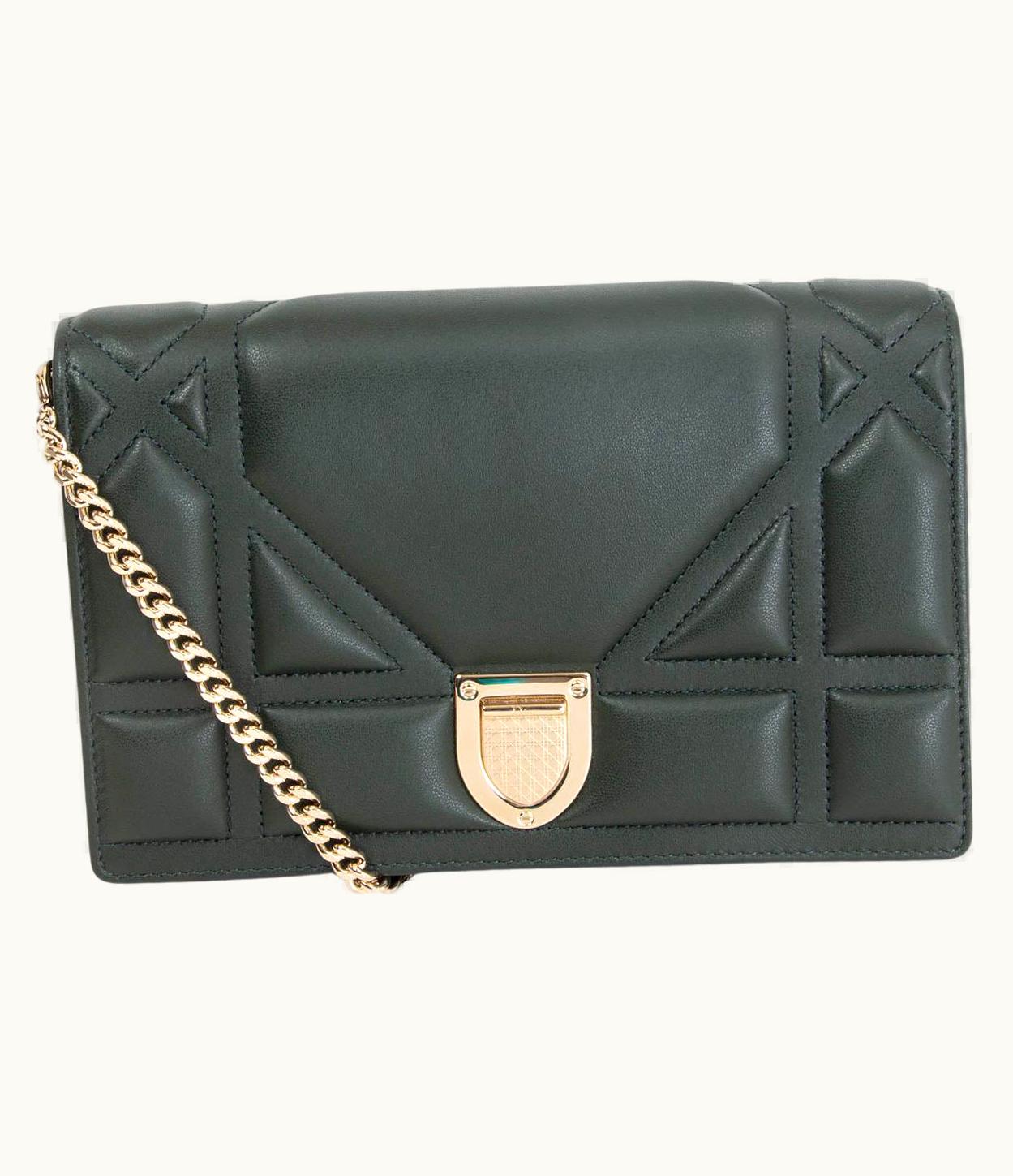 Dior Christian Dior Dark Green Leather Diorama Woc Wallet On Chain Bag