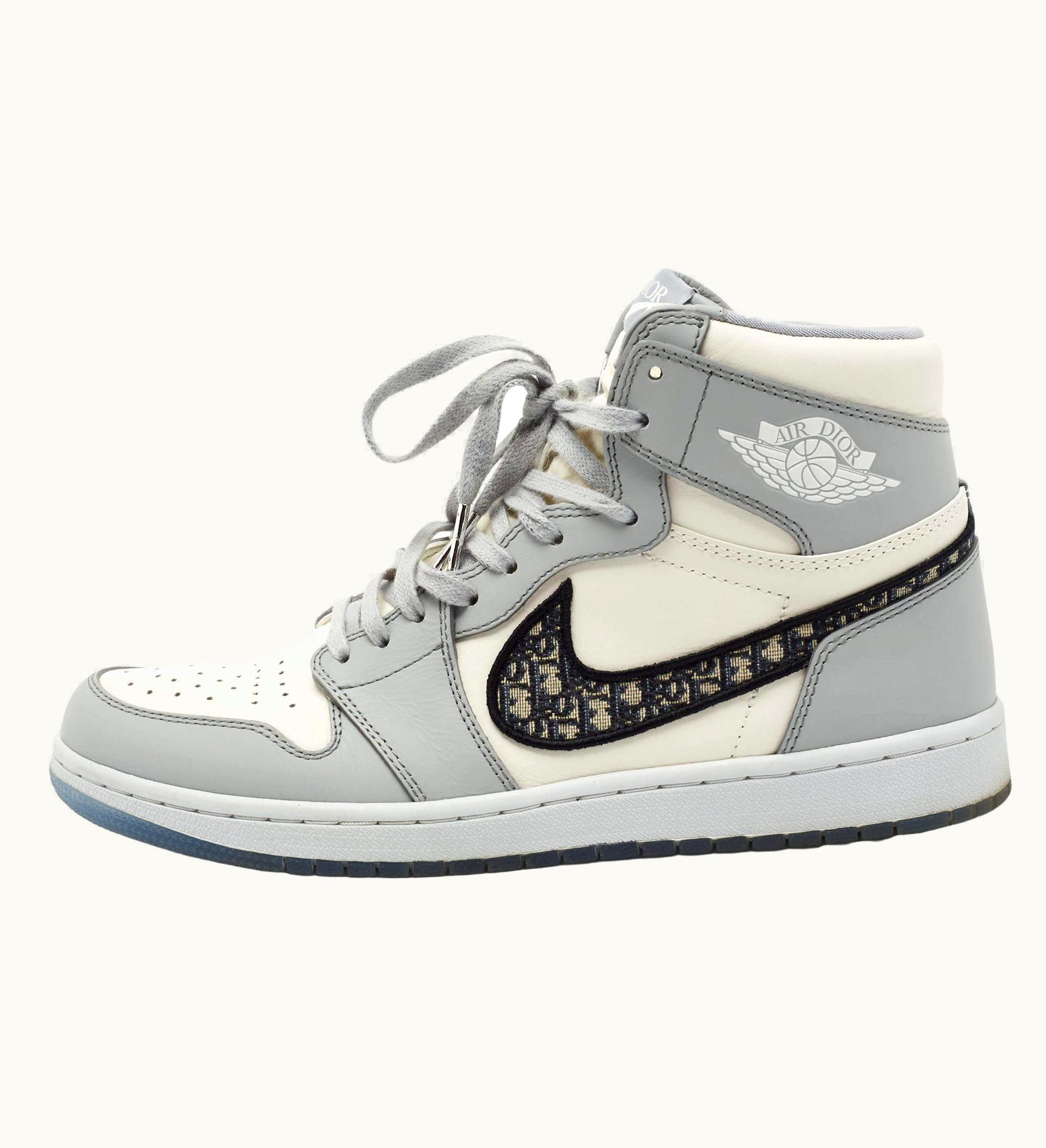 Etro Jordan Dior Grey/White Leather Air Jordan 1 Retro High Top Sneakers