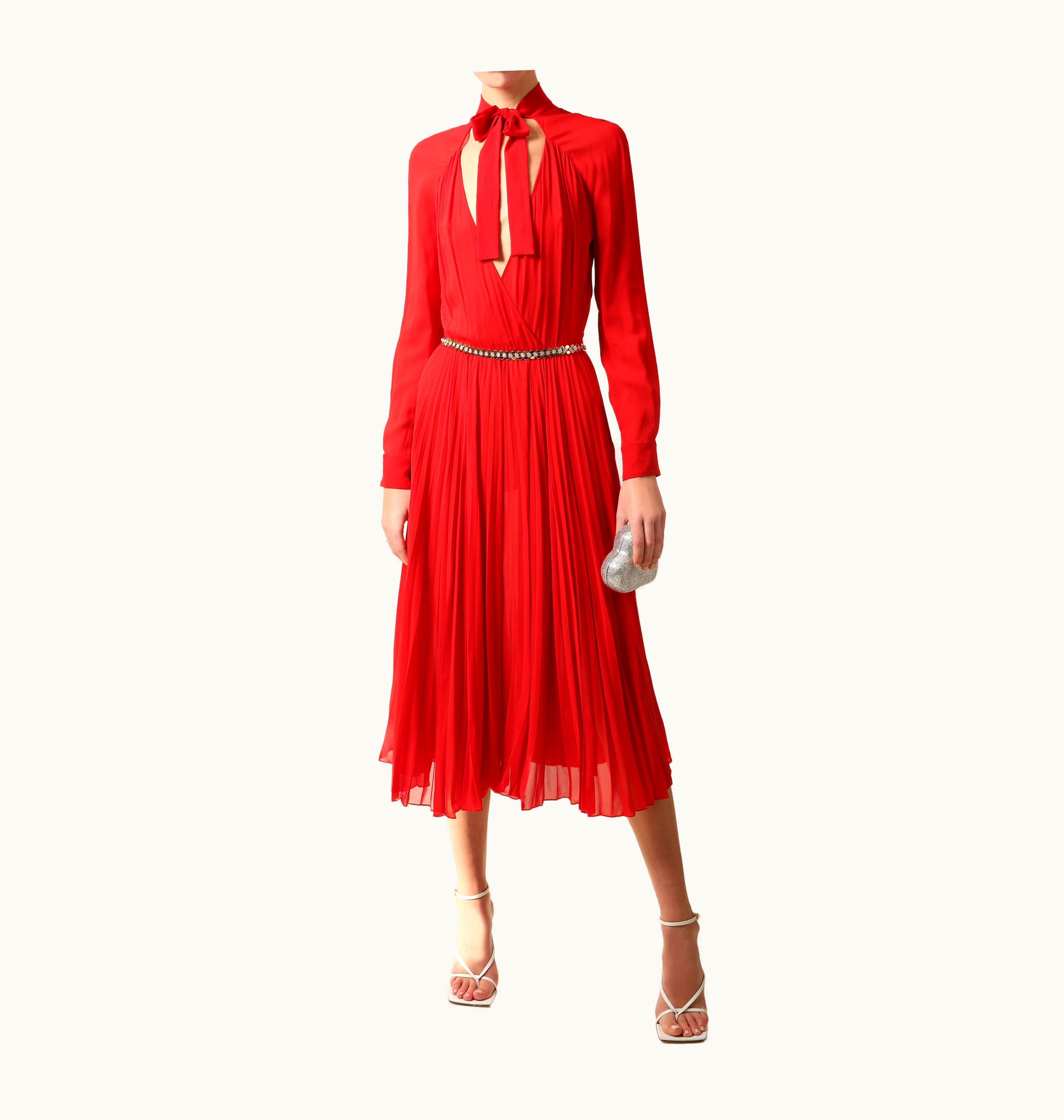 Dior Christian Dior S/S 2018 Red Silk Plisse Low Cut Pussy Bow Midi Dress Fr