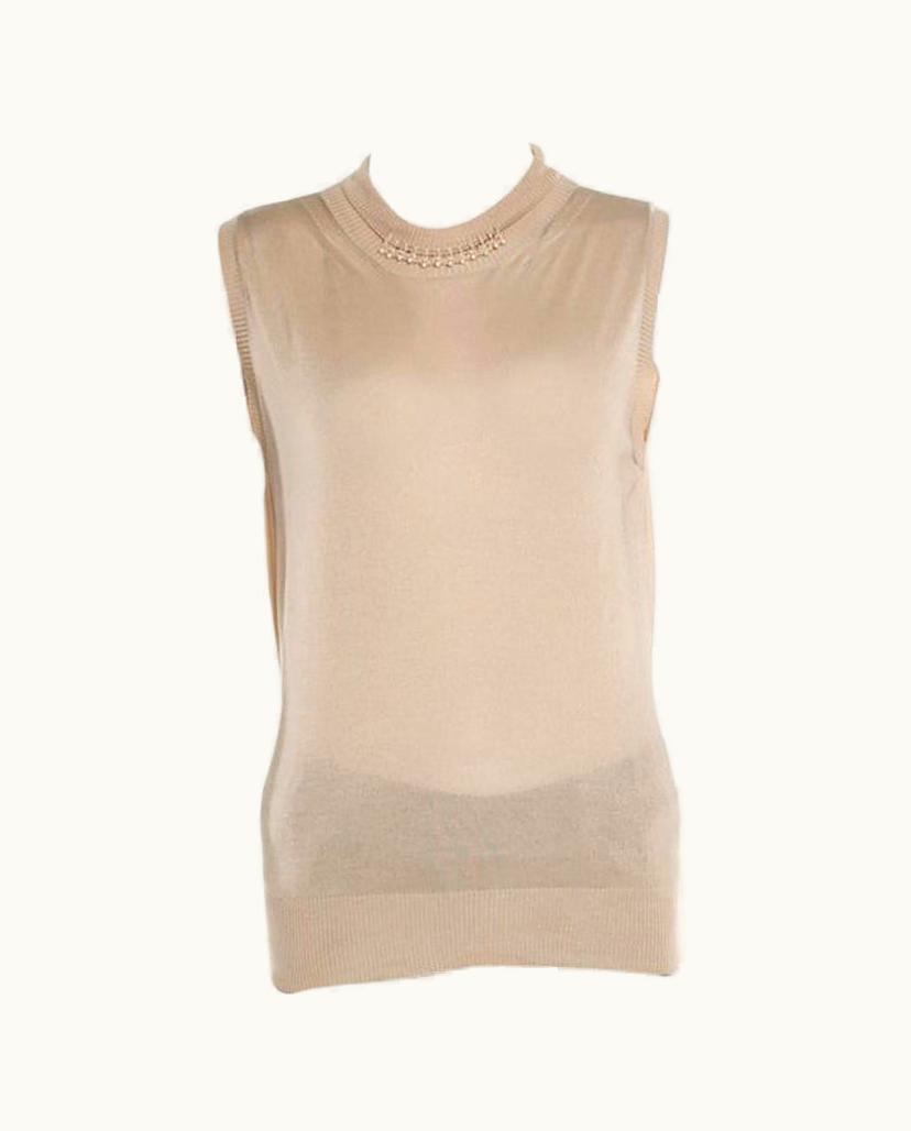 Dior Christian Dior Beige Silk And Merino Blend High Collar Sleeveless Beaded Top