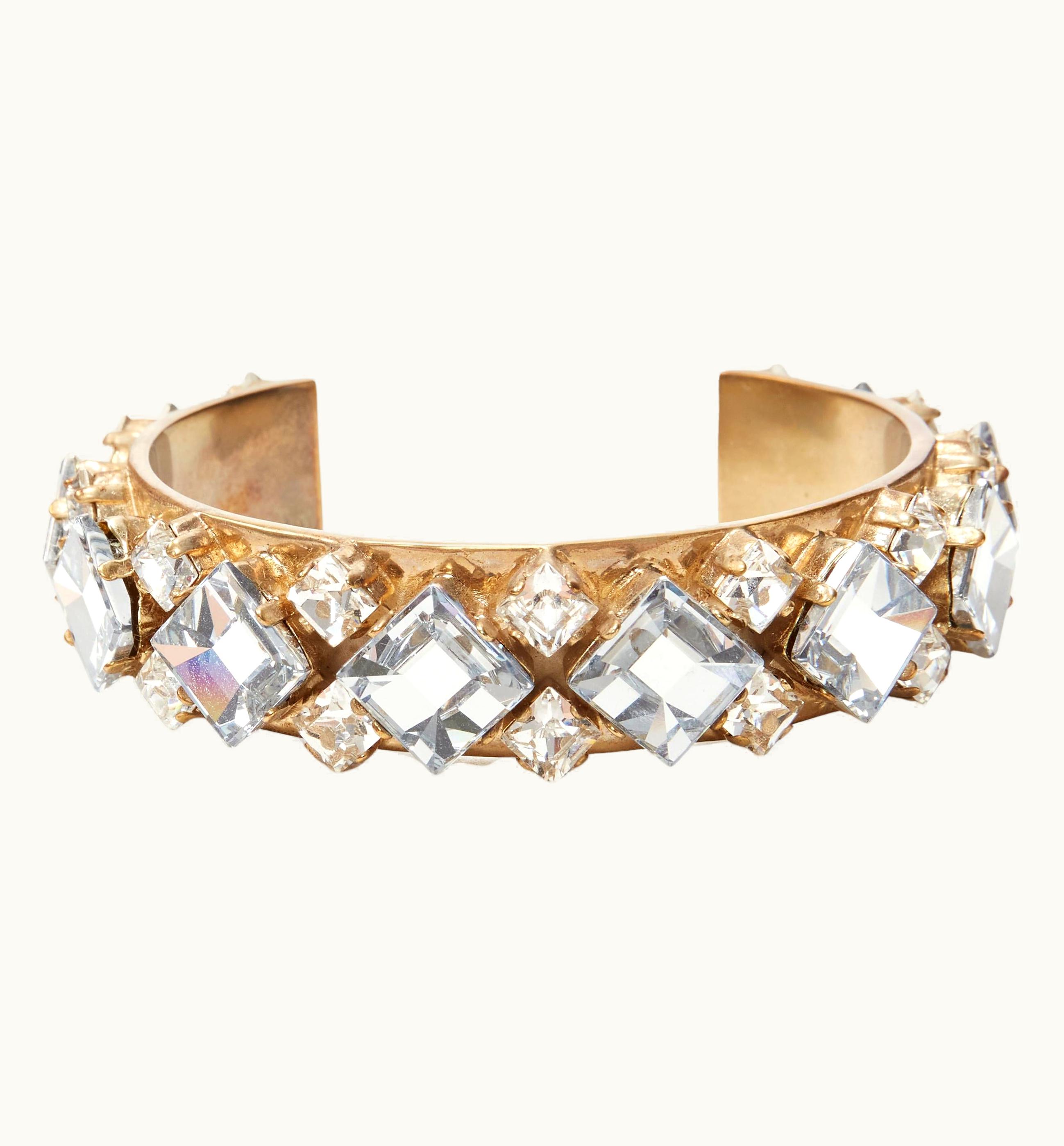 Dior Christian Dior Light Blue Clear Square Crystal Jewel Gold-tone Cuff Bangle