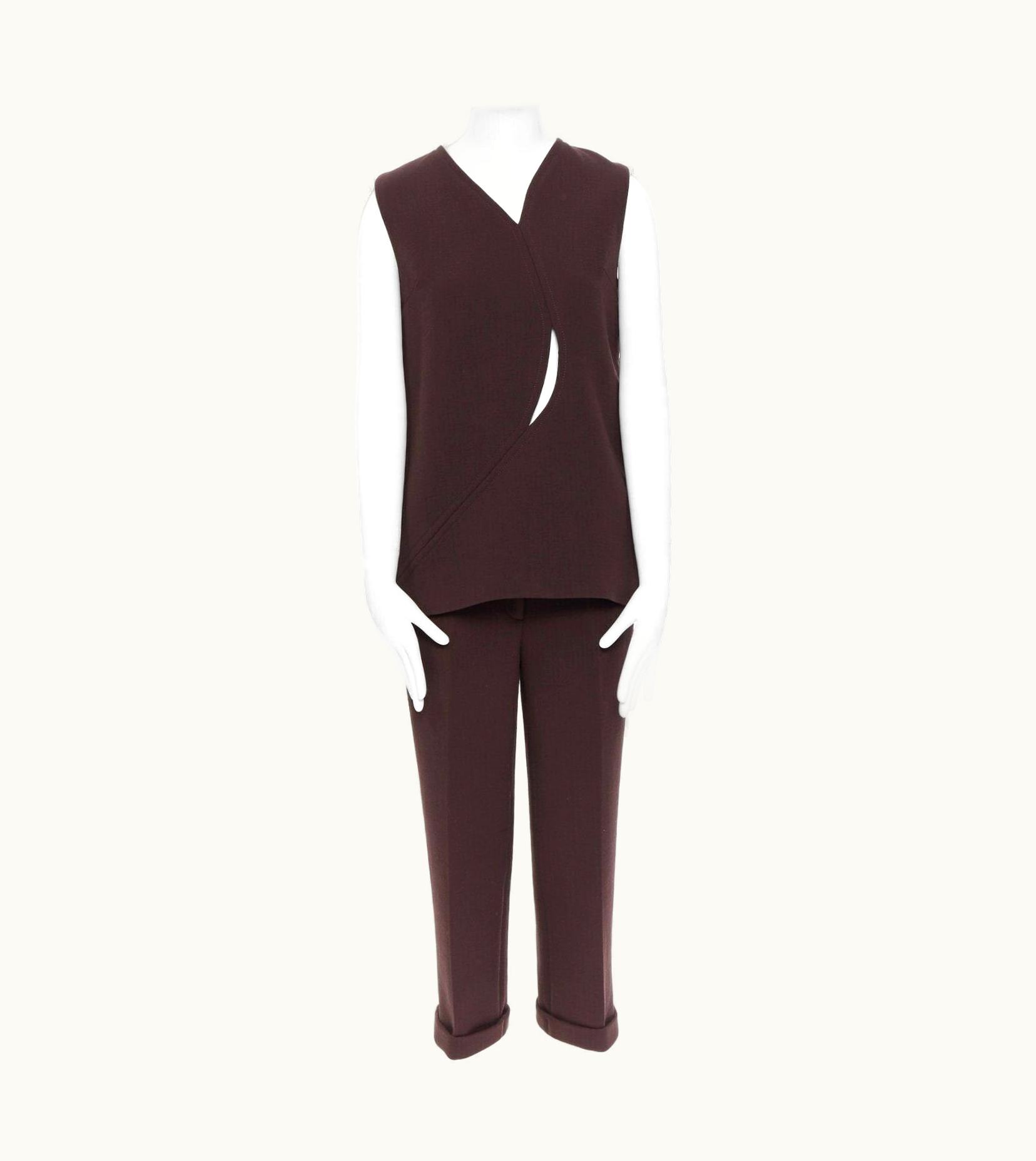 Raf Simons Dior Raf Simons Maroon Brown Virgin Wool Panel Slit Cut-out Top Bottom Set