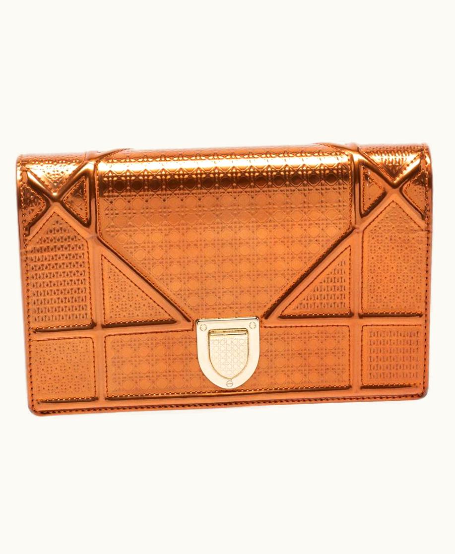 Dior Dior Metallic Bronze Micro Cannage Patent Leather Diorama Wallet On Chain UZ0571296