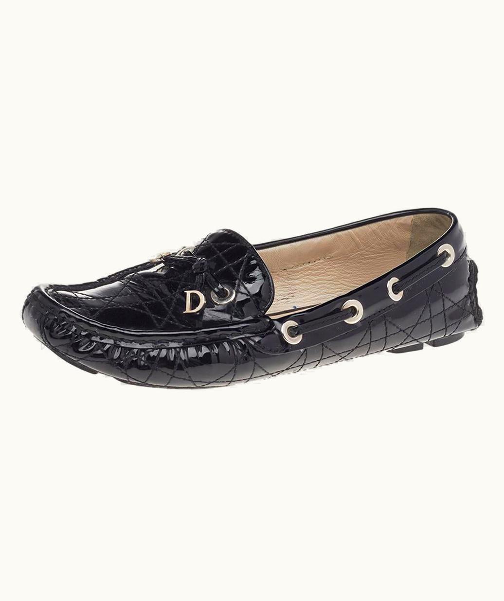 Dior Dior Black Cannage Patent Leather Bow Slip On Loafers