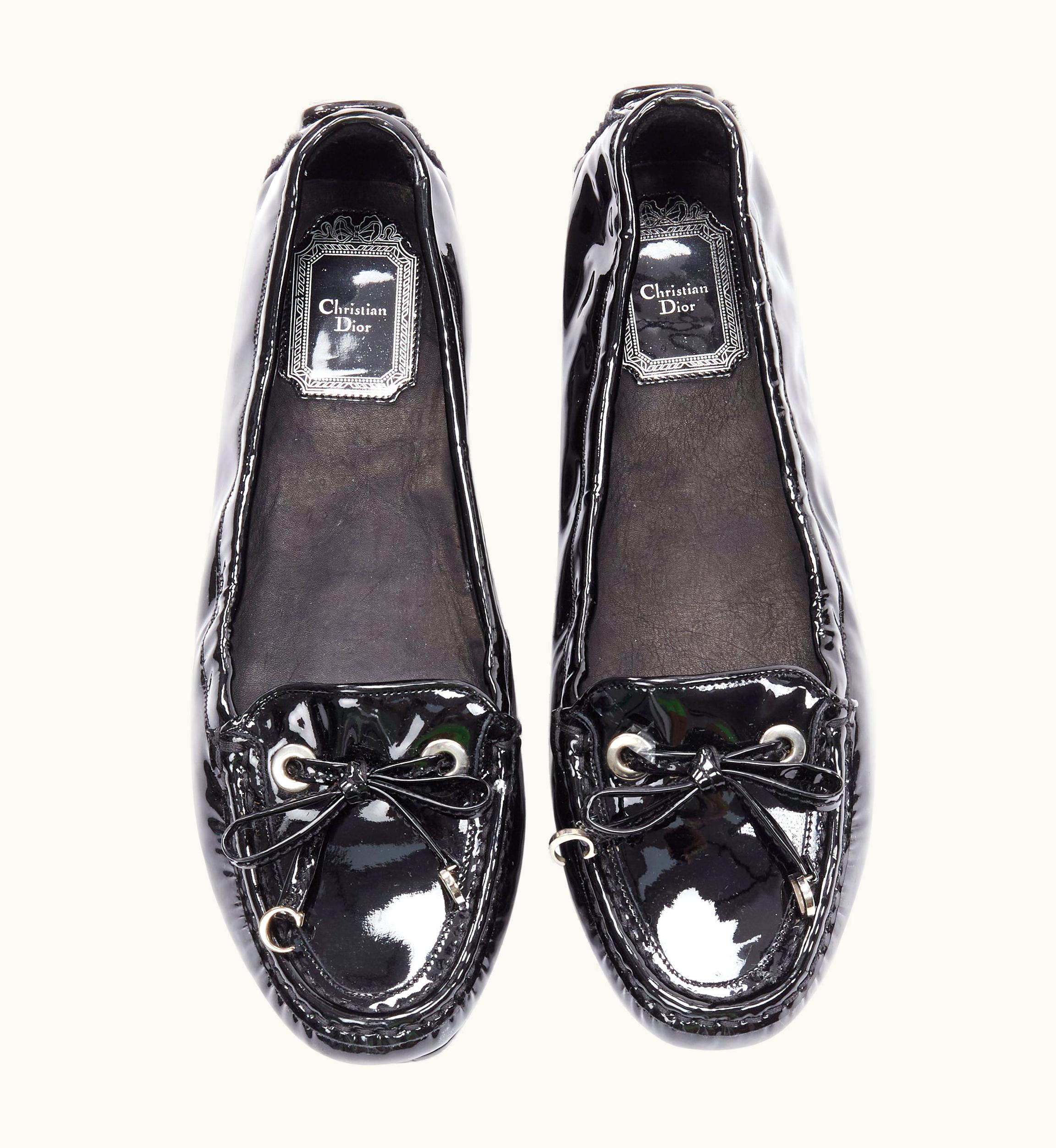 Dior Christian Dior Black Patent Silver Cd Charm Bow Flat Loafer