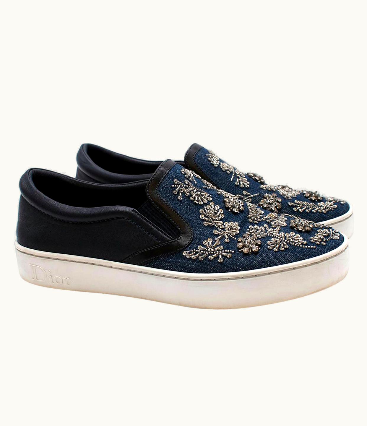 Dior Dior Blue Denim Embellished Slip-on Trainers - Us