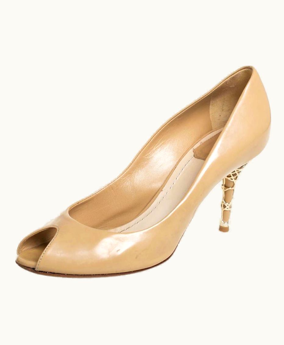 Dior Dior Beige Patent Leather Peep Toe Cannage Heel Pumps