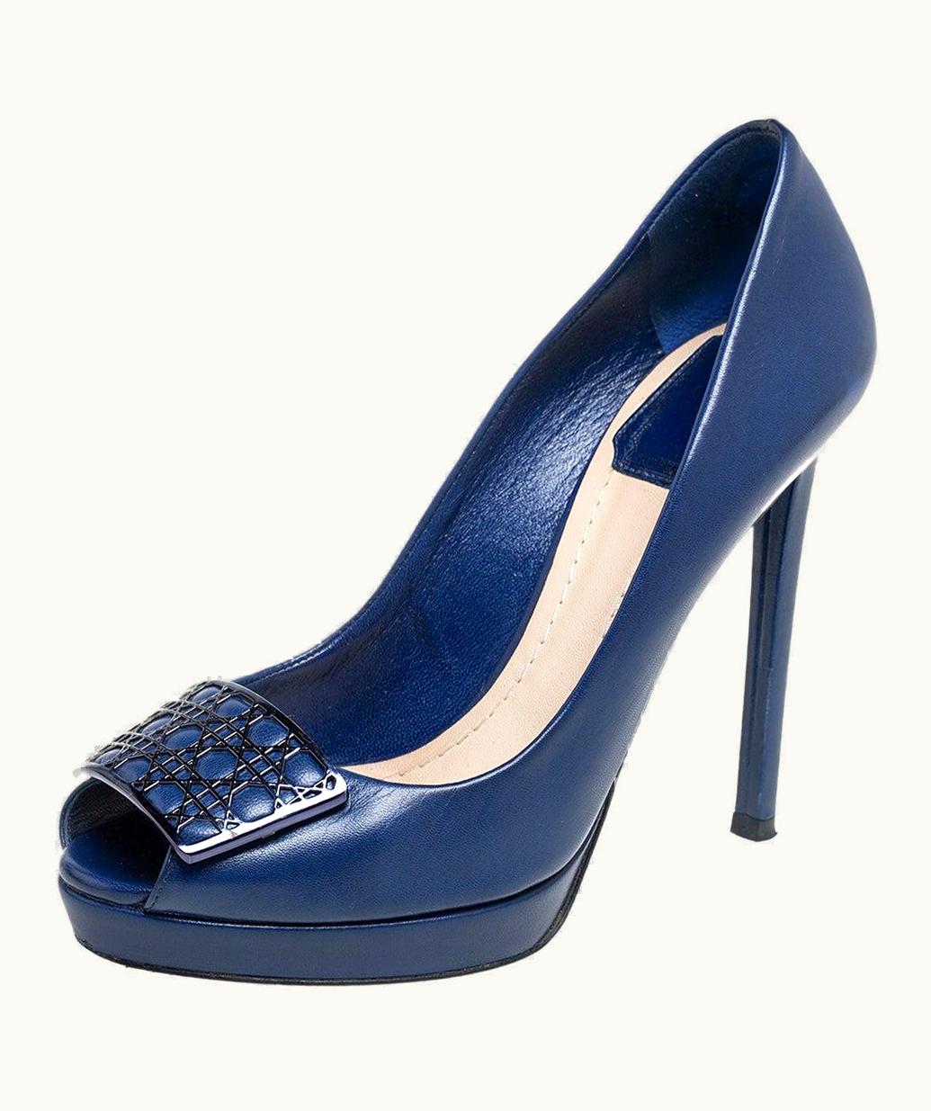 Dior Dior Blue Leather Cannage Plaque Peep Toe Platform Pumps