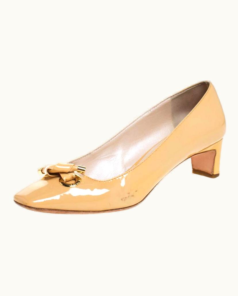Dior Dior Beige Patent Leather Bow Detail Square Toe Pumps