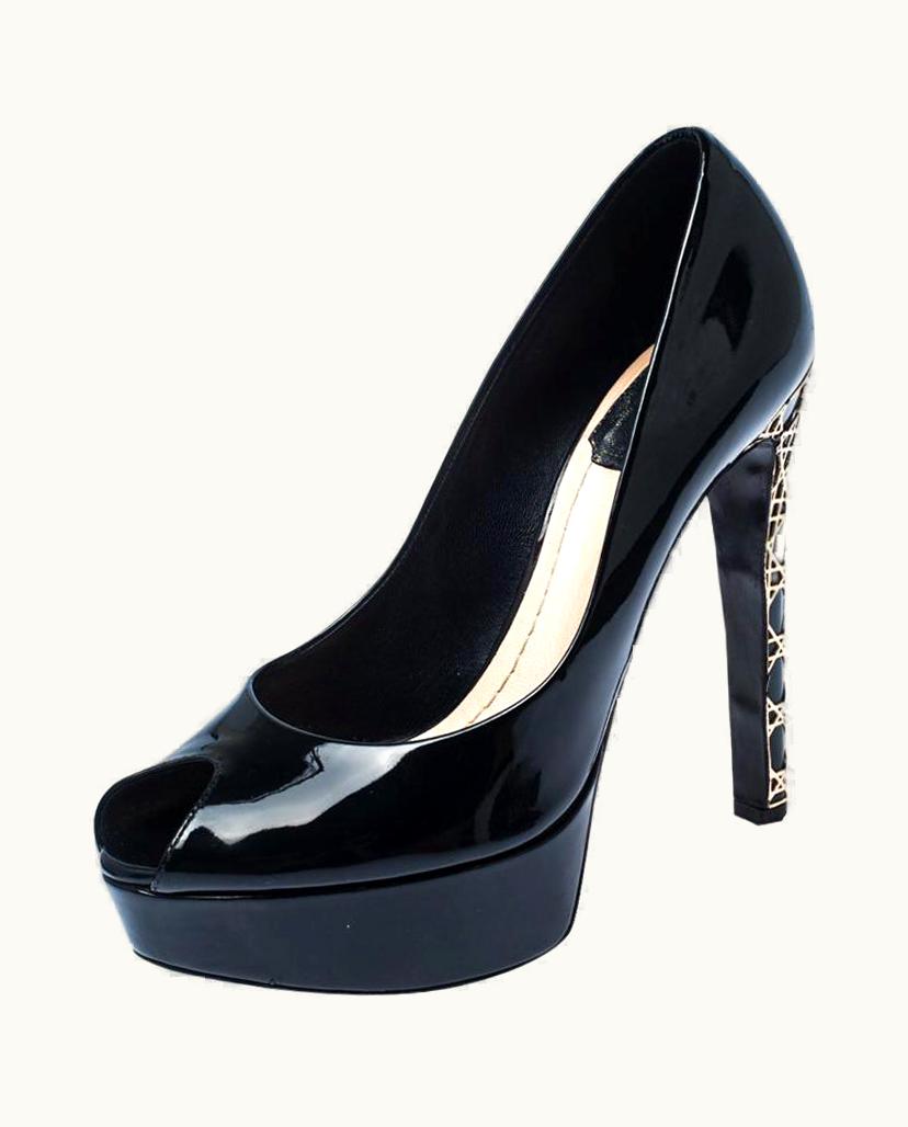 Dior Dior Black Patent Leather Cannage Heel Peep Toe Pumps