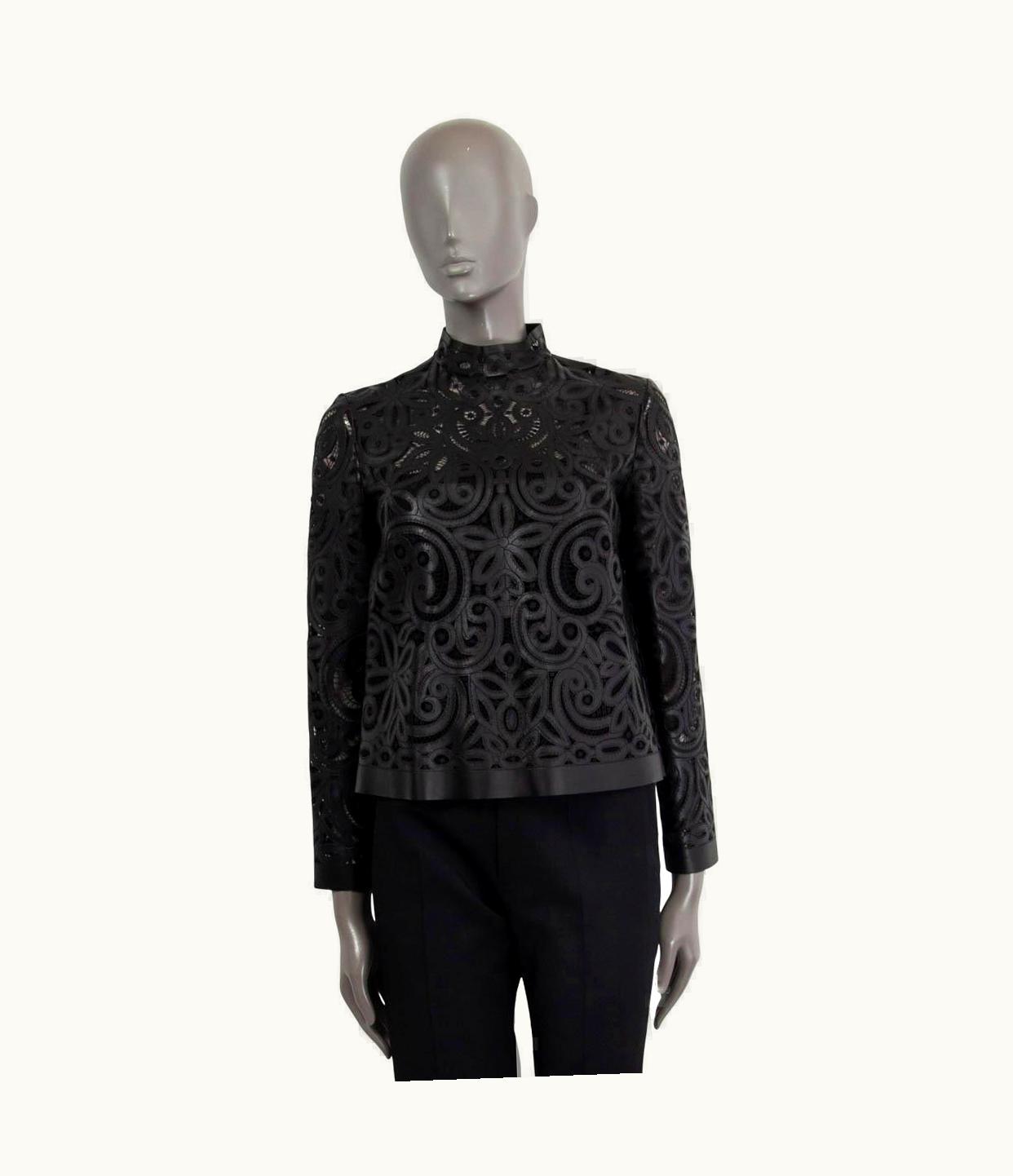 Dior Christian Dior Black 2019 Leather Lace Mock Neck Blouse Shirt