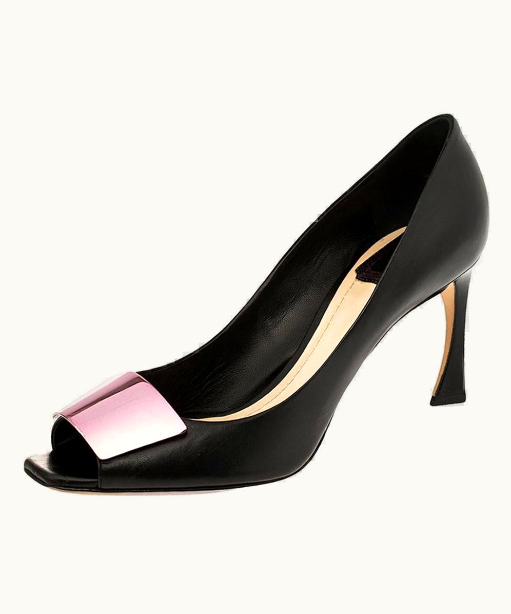 Dior Dior Black Leather Plaque Peep Toe Pumps