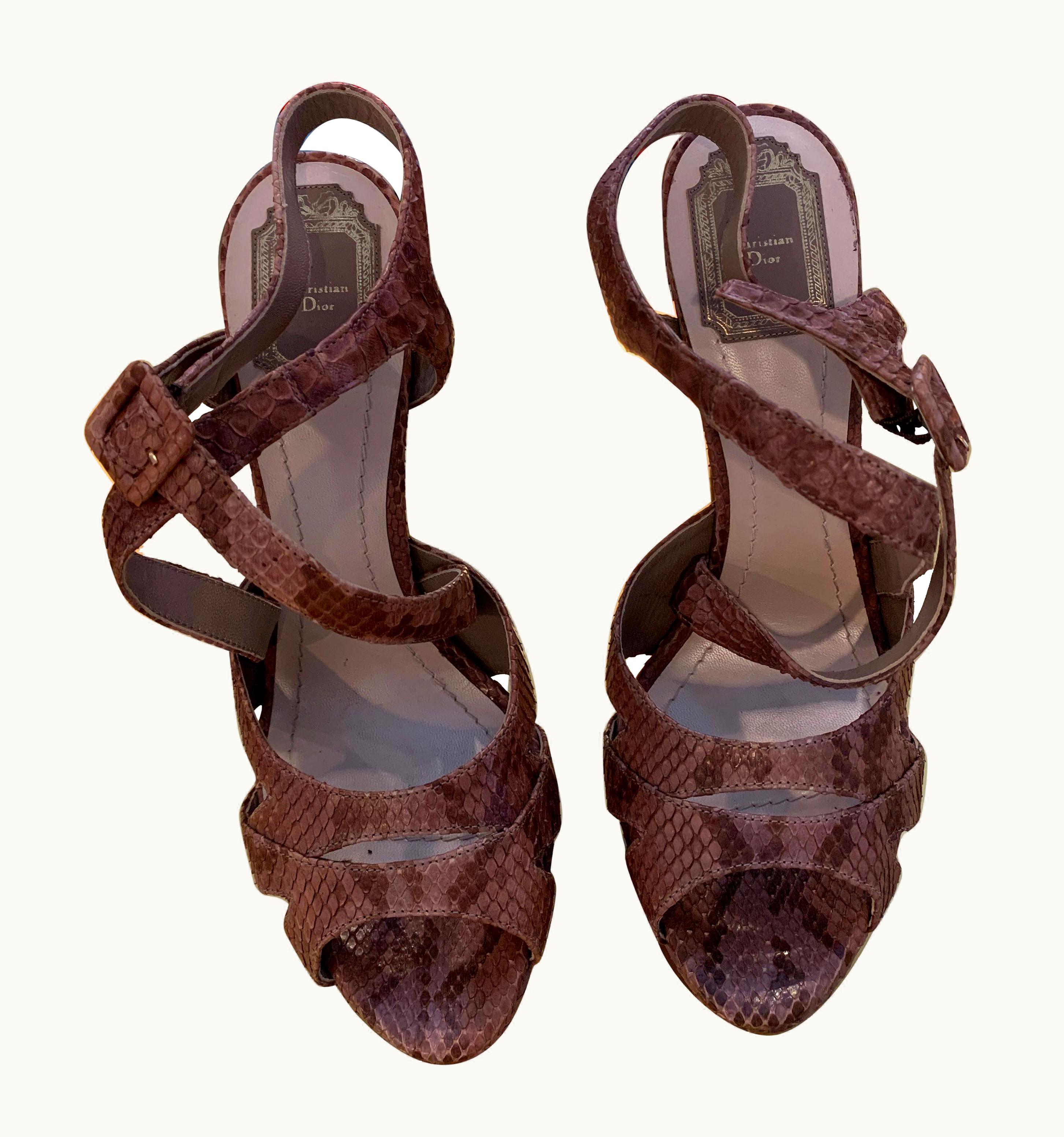 Dior Christian Dior Snake Skin Brown Cross Strap Platforms