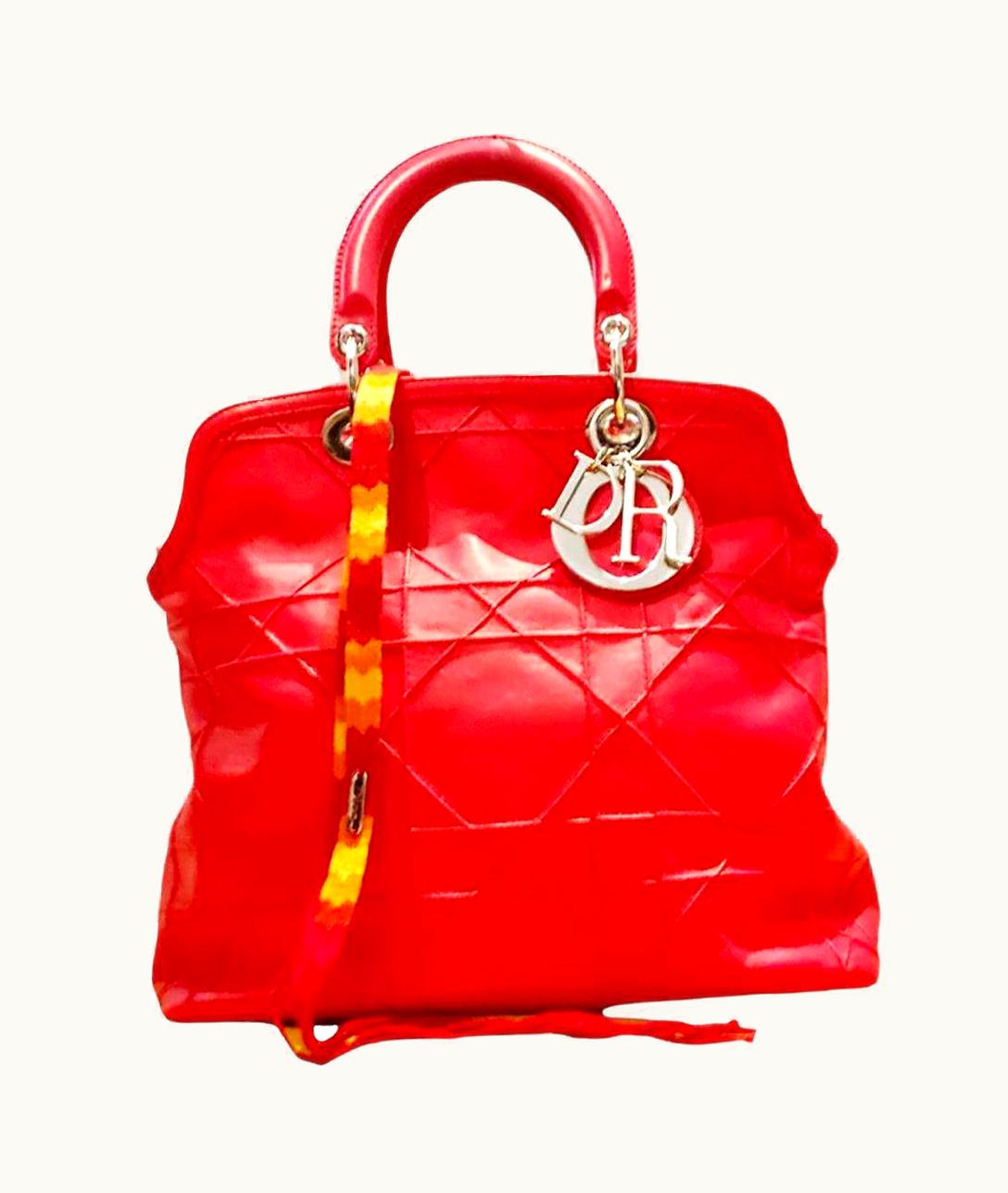 Dior Christian Dior Granville Calfskin Red Leather Tote Bag With Multicolor Strap