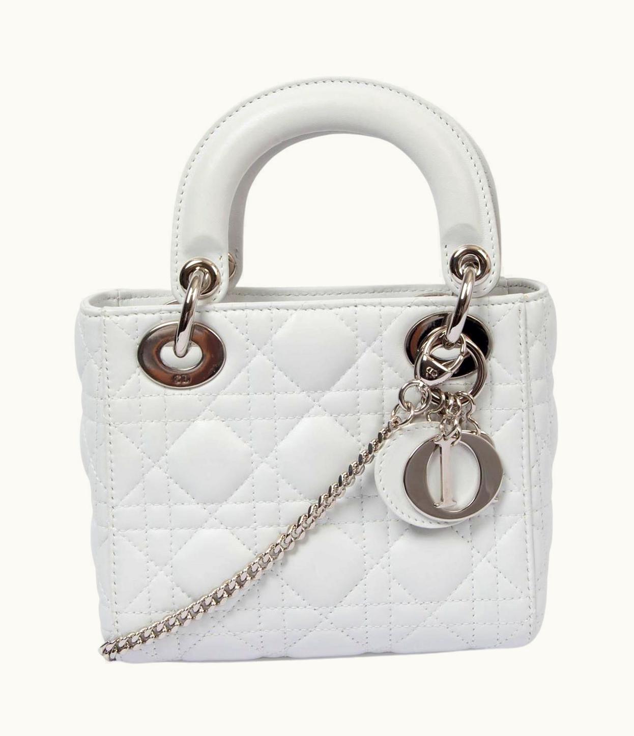 Dior Christian Dior White Leather Mini Lady Dior Chain Shoulder Bag