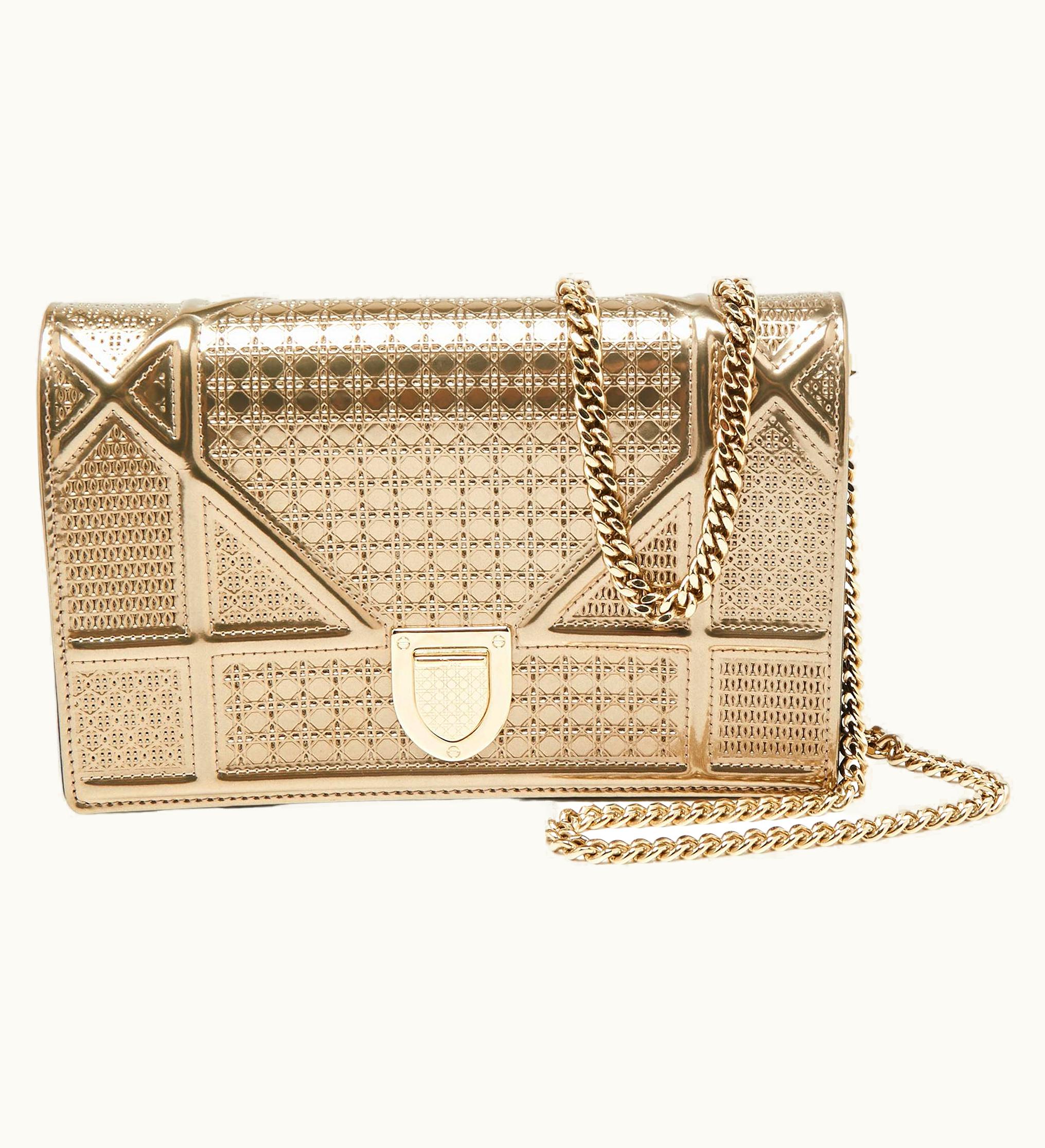 Dior Metallic Gold Micro Cannage Patent Leather Diorama Wallet On Chain