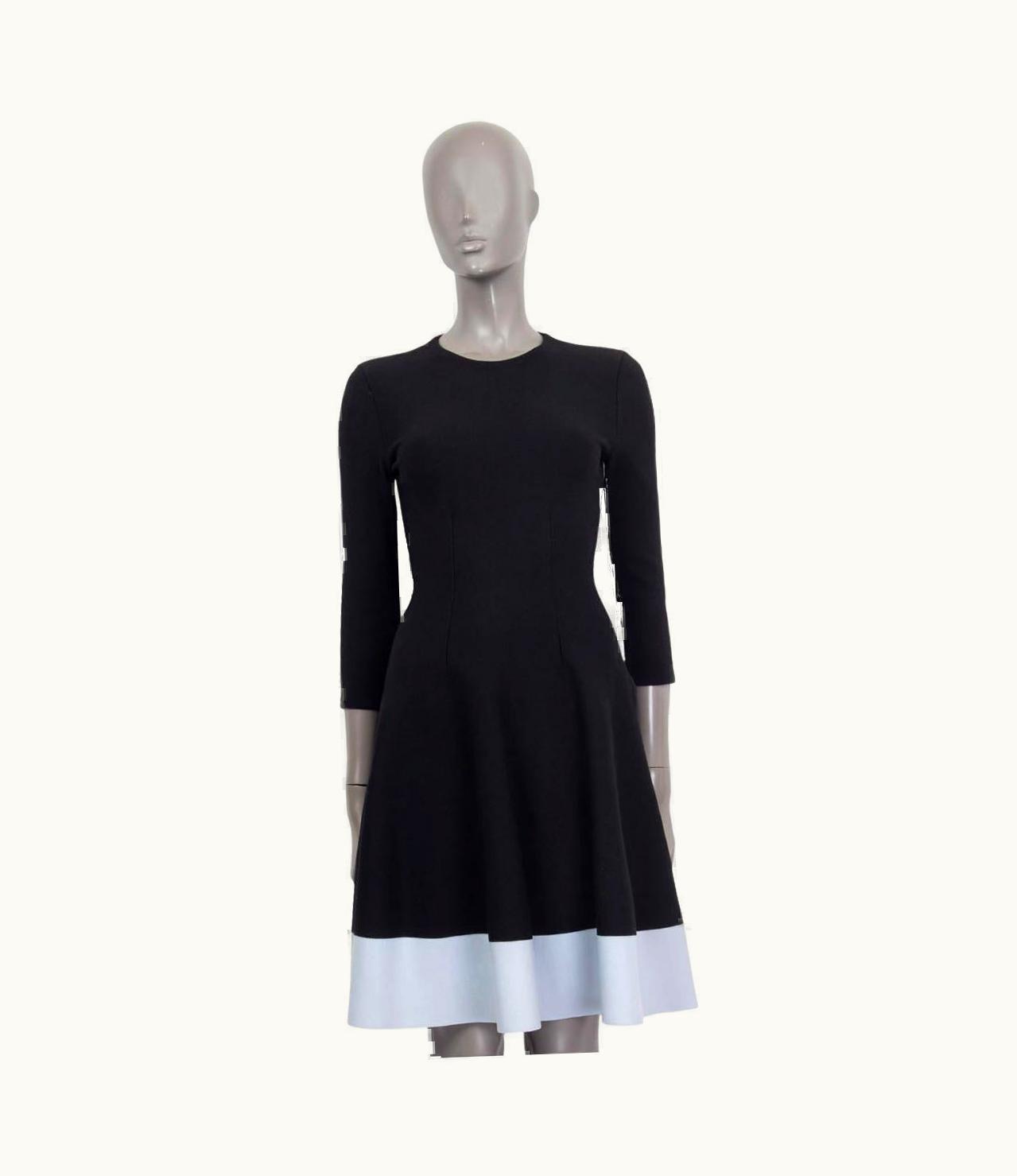 Dior Christian Dior Black & Blue Wool 3/4 Sleeve Flared Dress