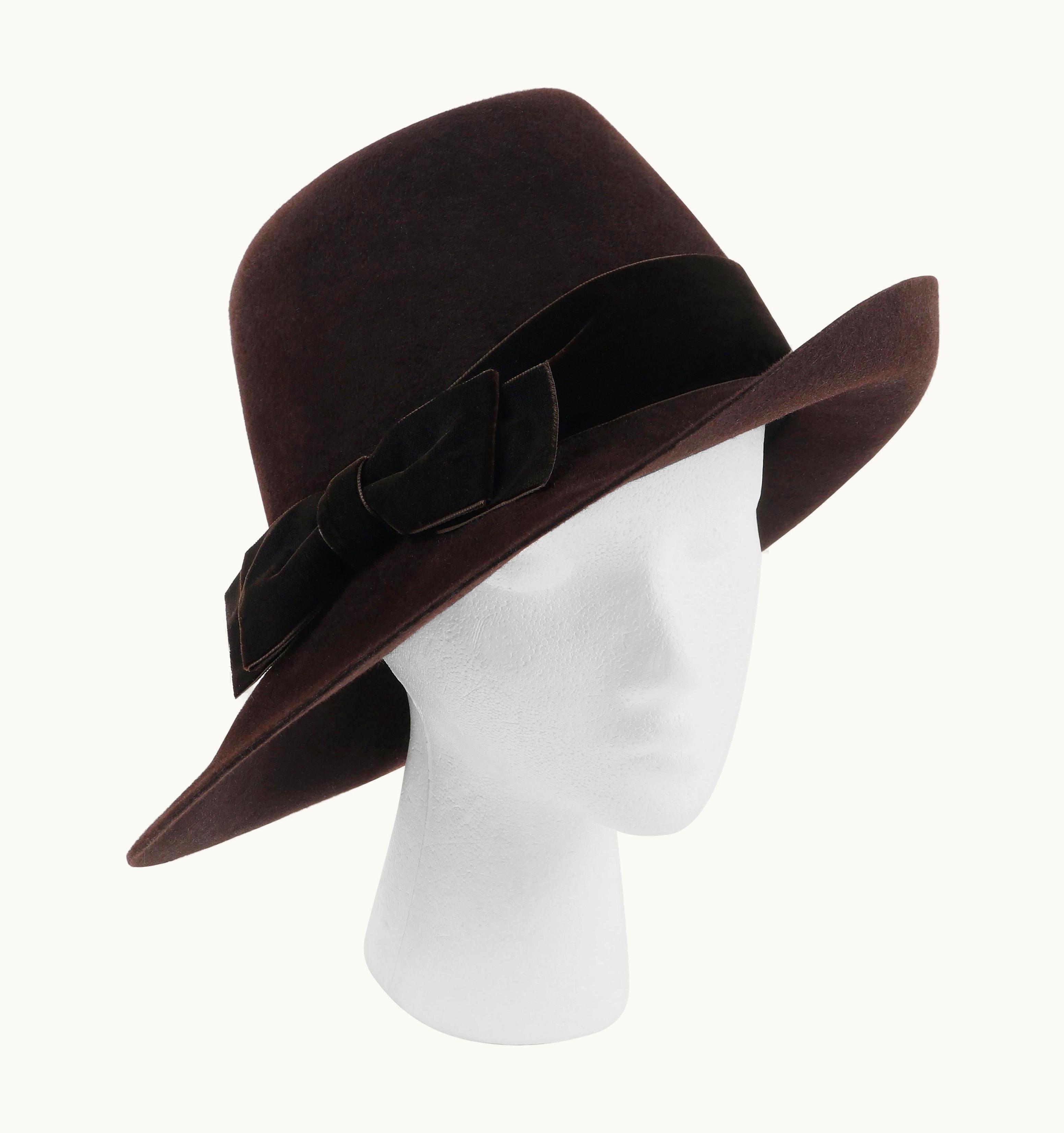 Dior Christian Dior C.2011 Chocolate Brown Felt Velvet Bow Wide Tilted Brim Fedora