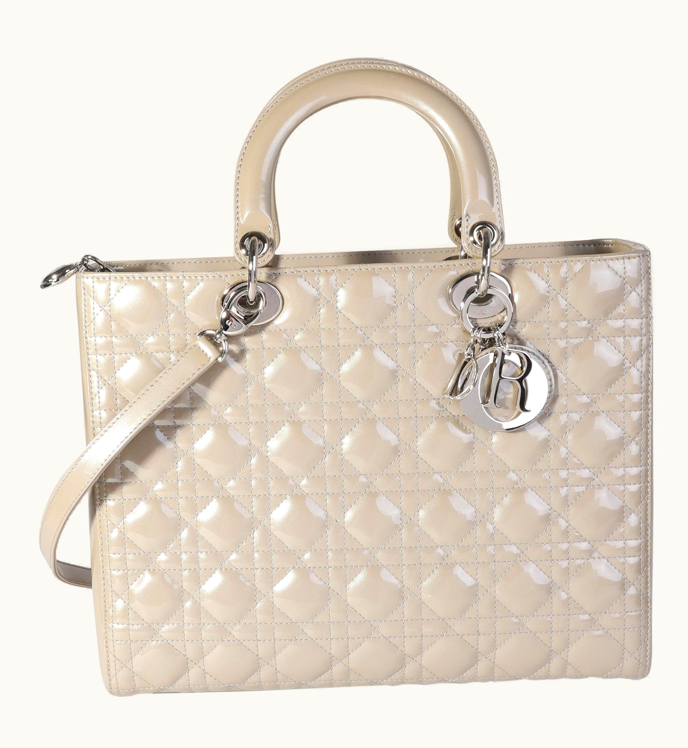 Dior Grey Pearlized Cannage Patent Calfskin Large Lady Dior Bag