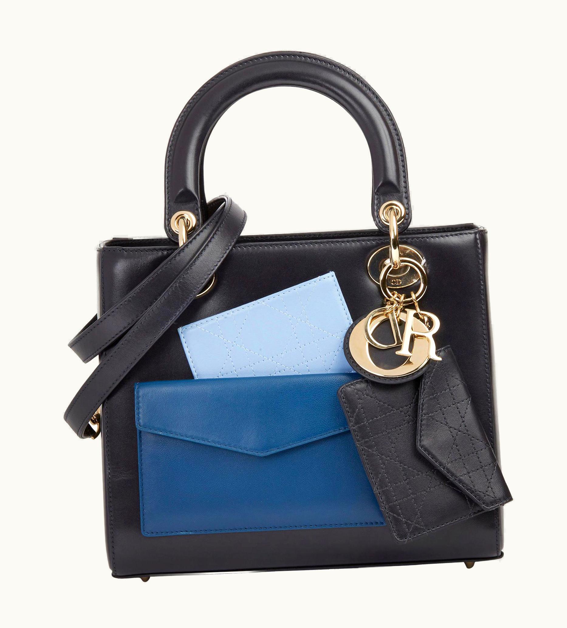 Dior 2014 Christian Dior Navy Smooth Calfskin Leather Pocket Detail Medium Lady Dior