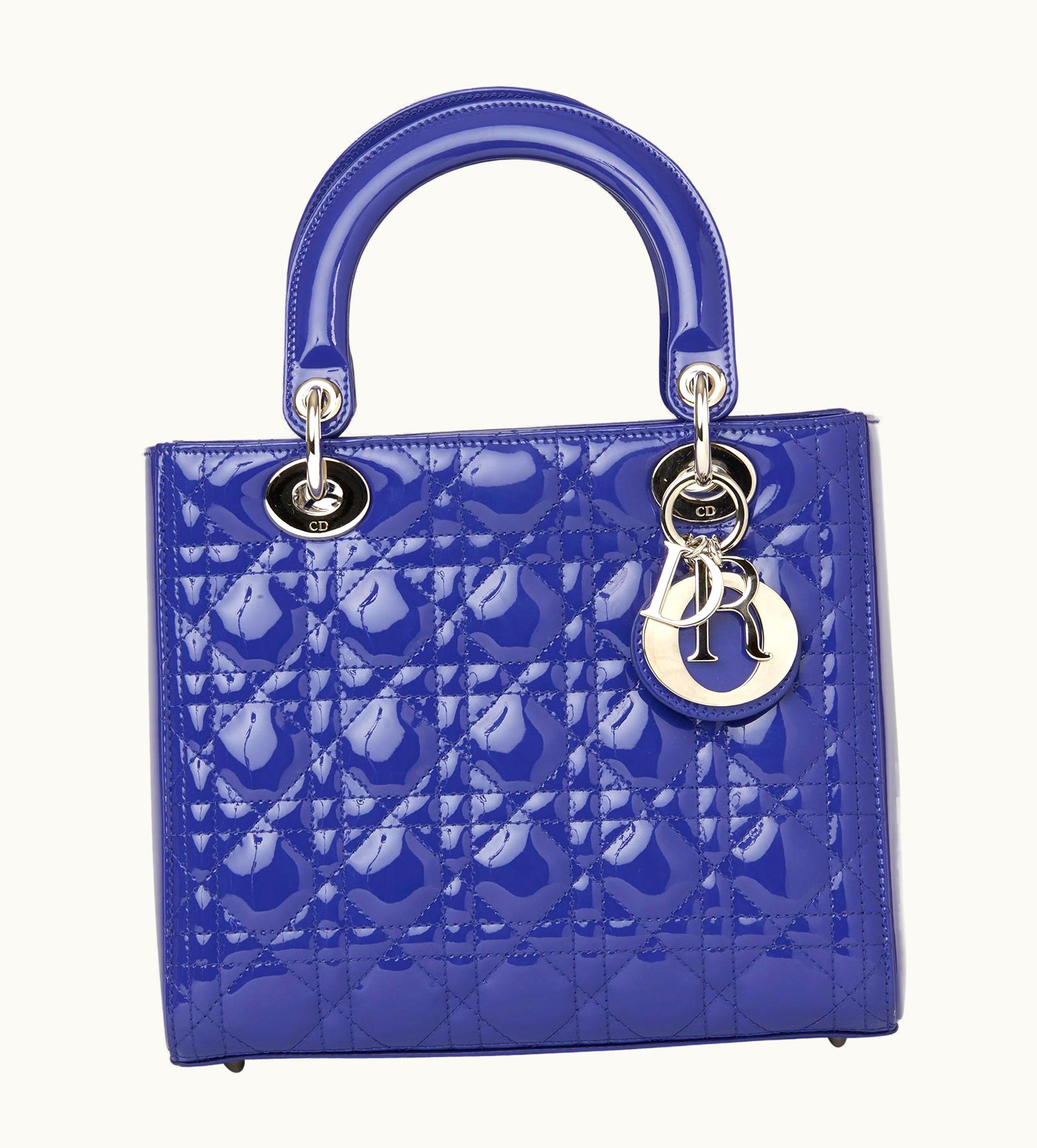 Dior 2015 Christian Dior Blue Quilted Patent Leather Lady Dior Mm