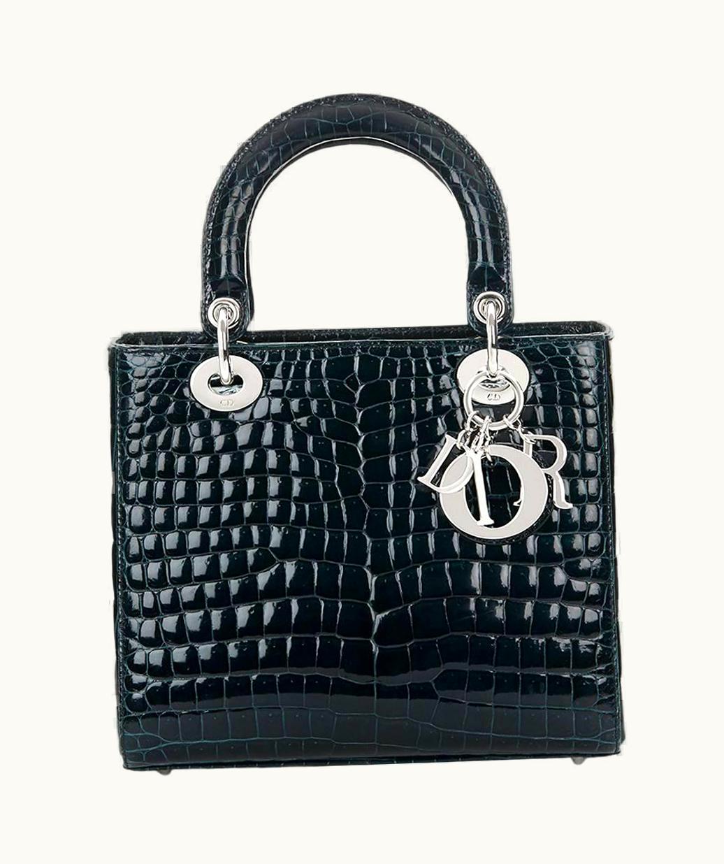 Etro 2016 Dior Dark Petrol Blue Shiny Porosus Crocodile Leather Medium Lady Dior