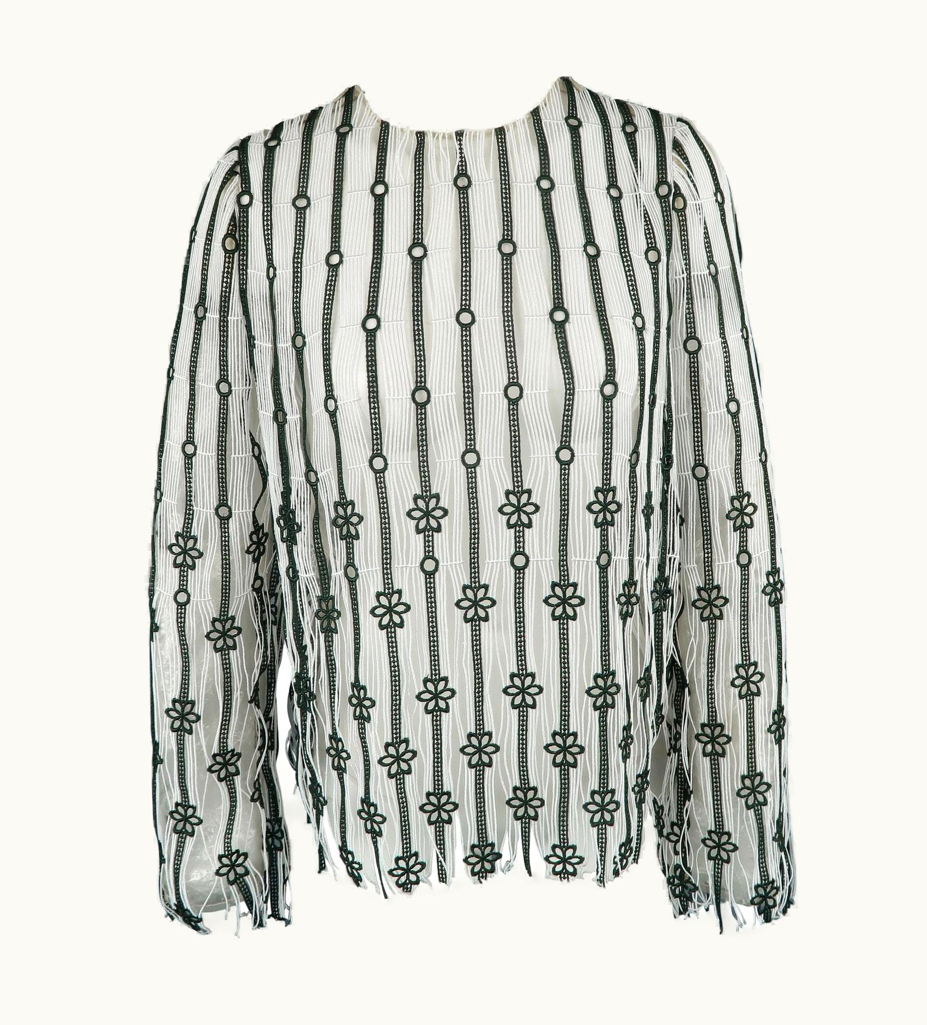 Dior Christian Dior White & Forest Green Striped Floral Lace Fringe Blouse