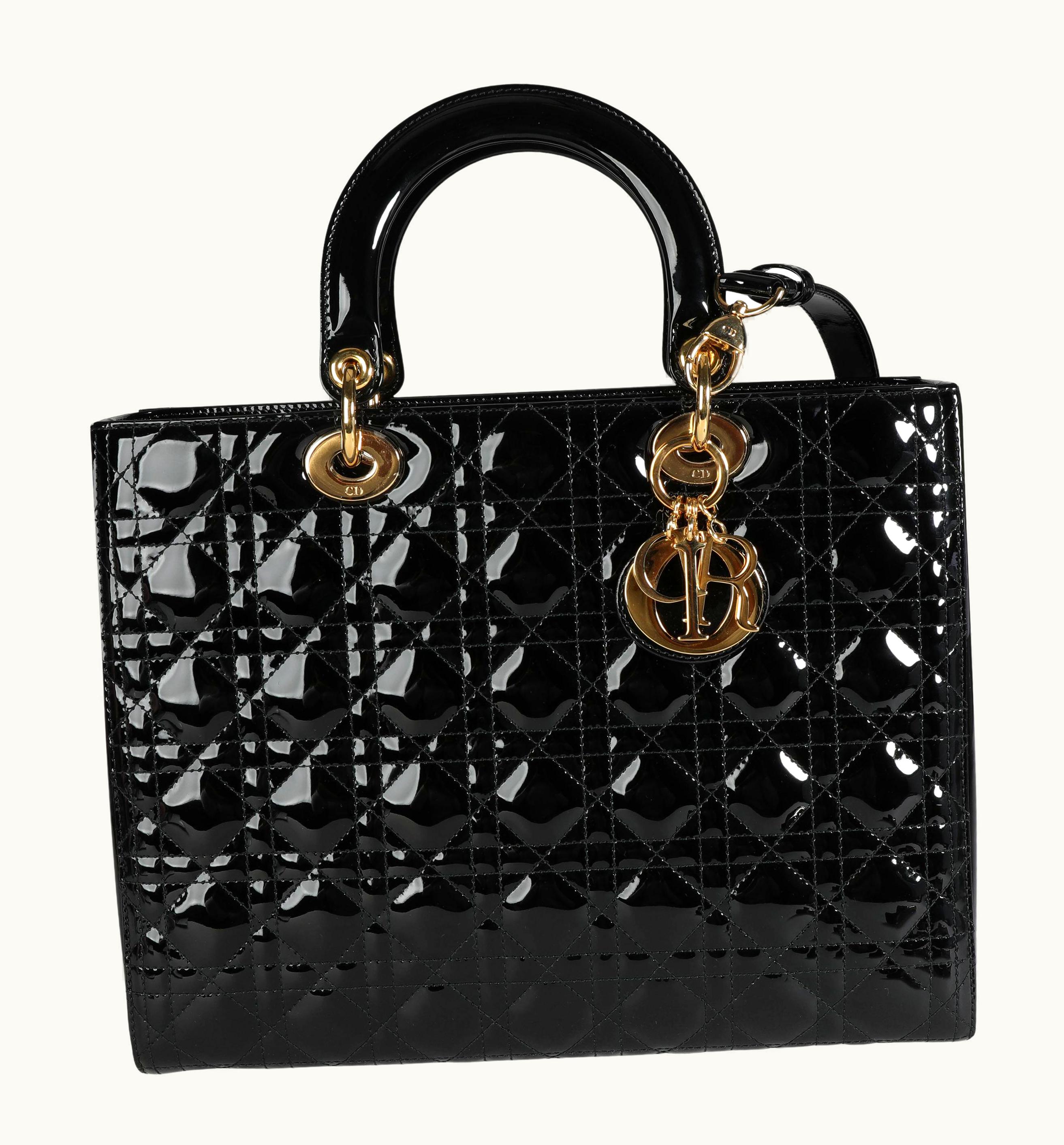 Dior Black Cannage Patent Calfskin Large Lady Dior Bag