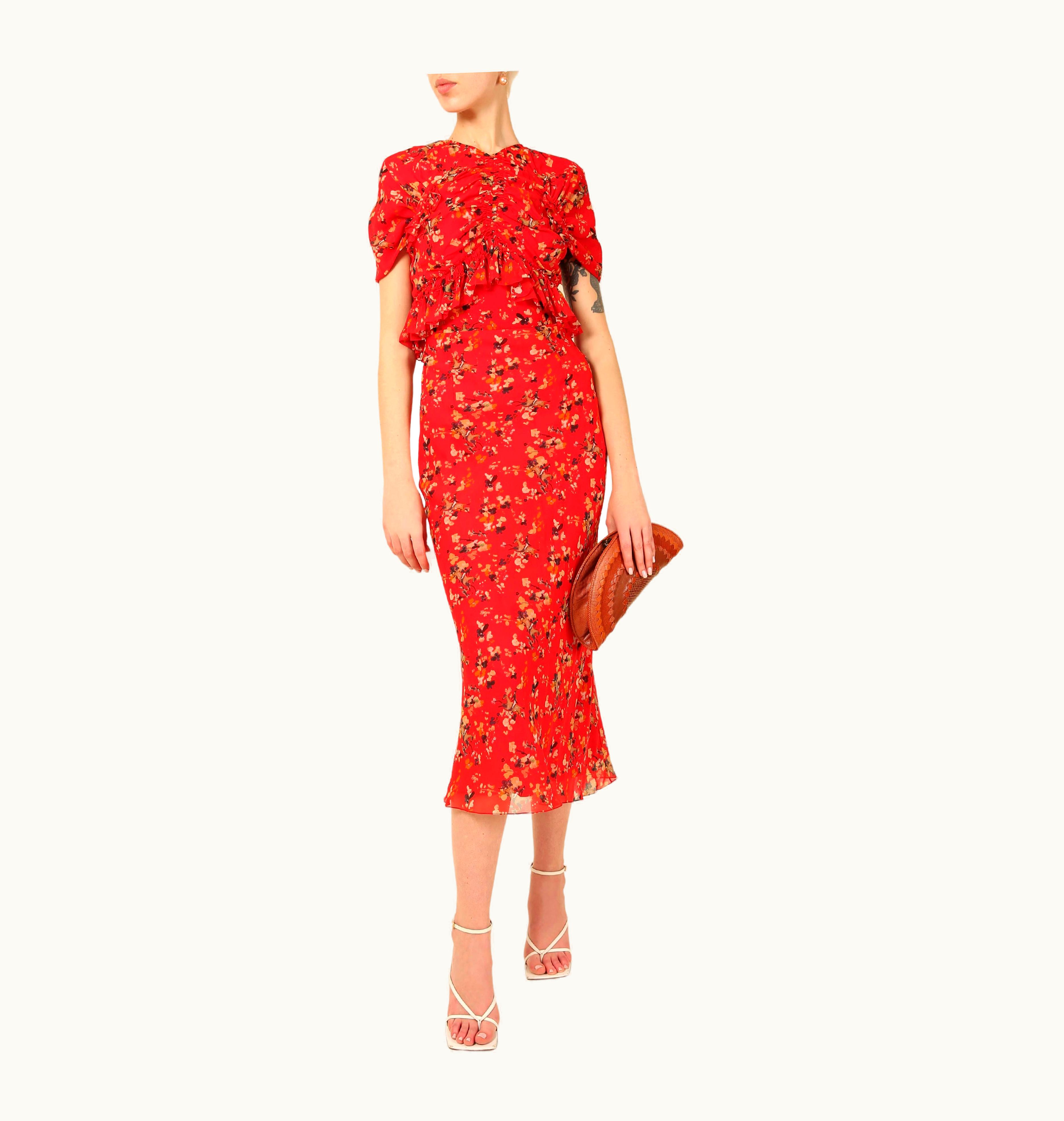 Dior Christian Dior 2017 Red Yellow White Blue Floral Print Silk Fitted Midi Dress