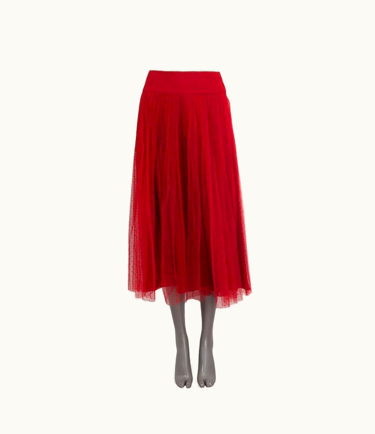 Dior Christian Dior Red 2017 Pleated Plumetis Tulle Midi Skirt