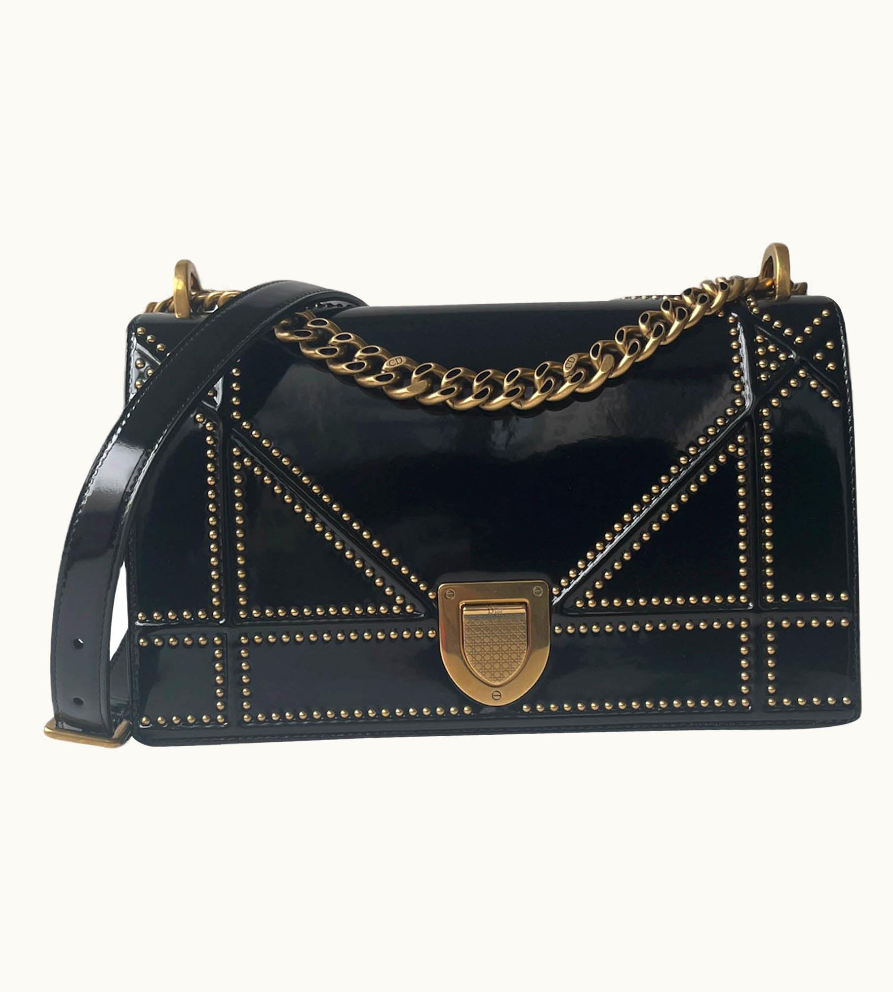 Dior Black Patent Leather Studded Medium Diorama Flap Bag Rt. $3 UZ0571520
