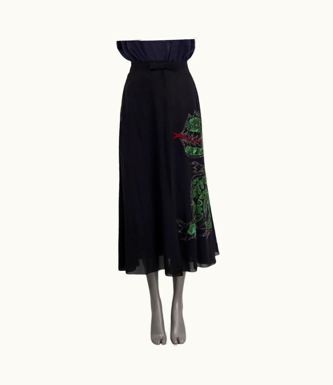 Dior Christian Dior Black Silk 2018 Dragon Embroidered Midi Skirt