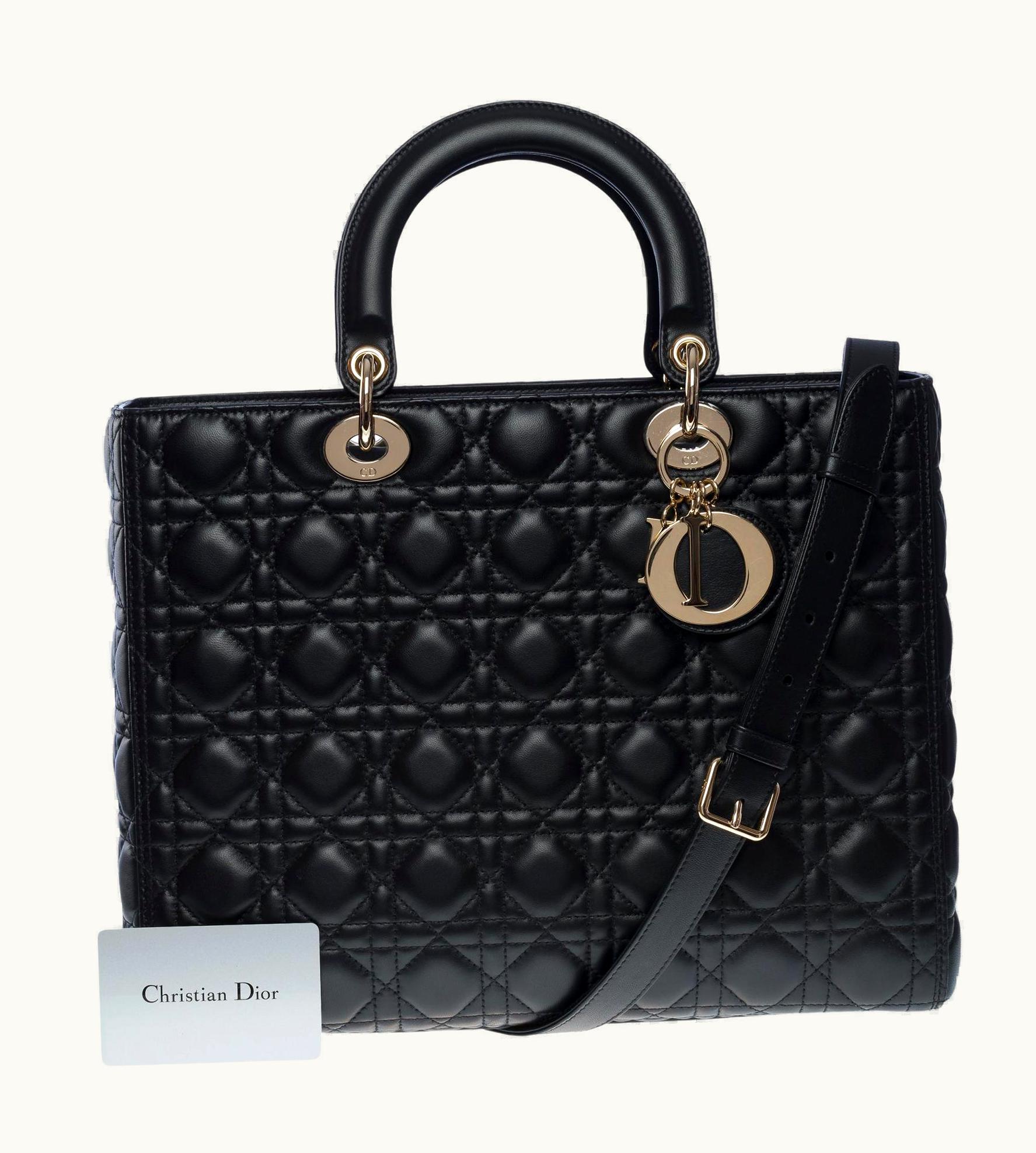 Dior Lady Dior Gm ( Large Size) Shoulder Bag With Strap In Black Cannage Leather, Shw