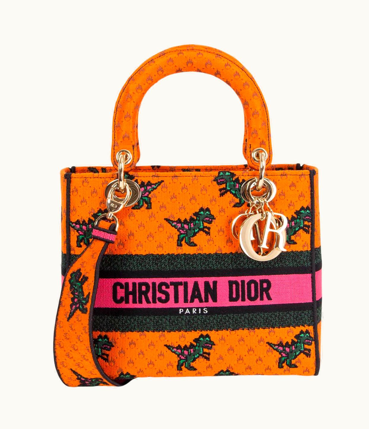Dior Christian Dior Orange 2021 Dragon Embroidered Lady D-li Medium Tote Bag