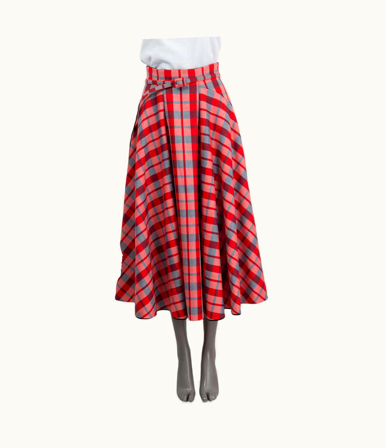 Dior Christian Dior Red Wool 2021 Check'n'dior Tartan Belted Midi Skirt