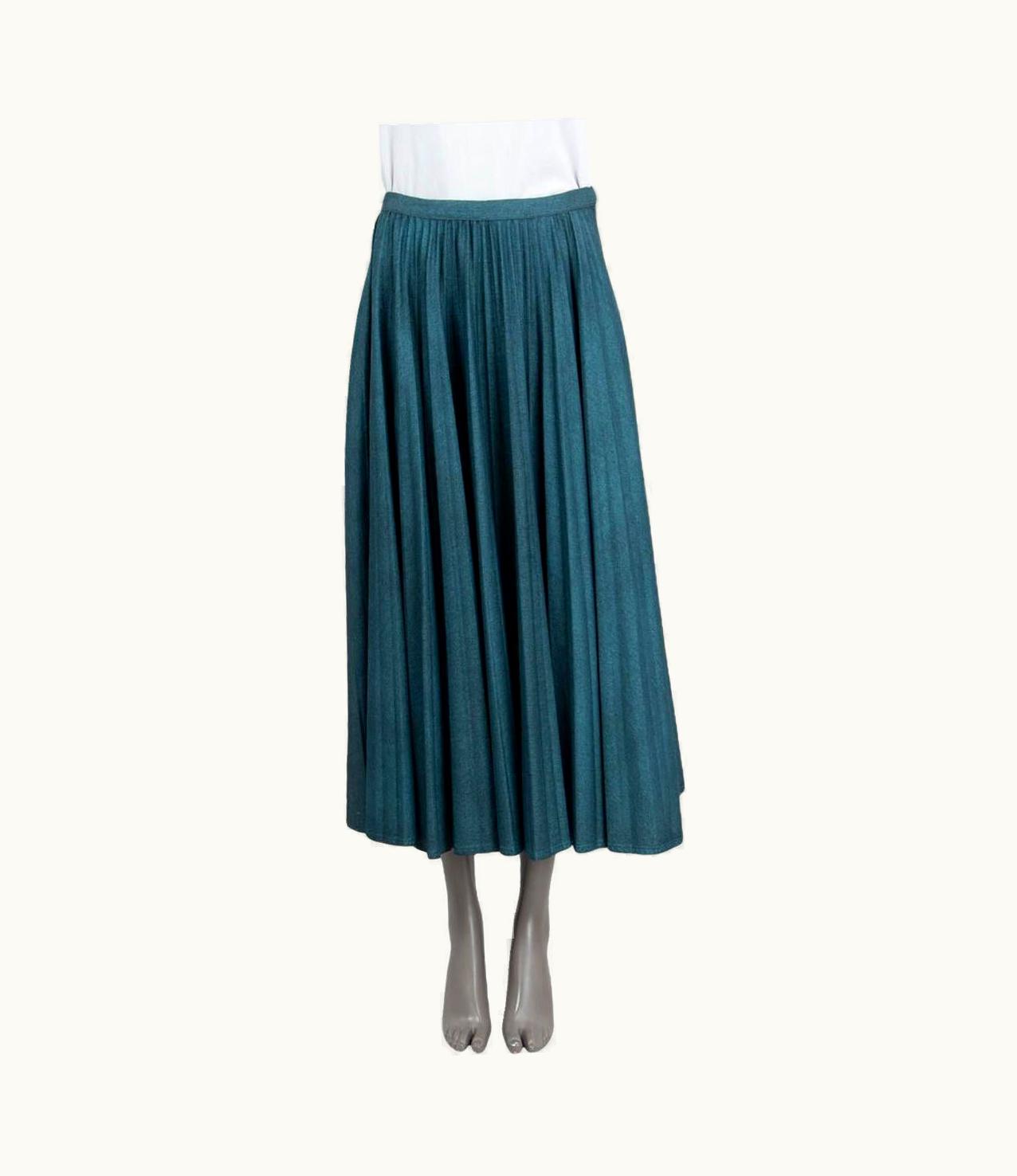 Etro Christian Dior Petrol Blue Cotton 2021 Glitter Pleated Denim Midi Skirt
